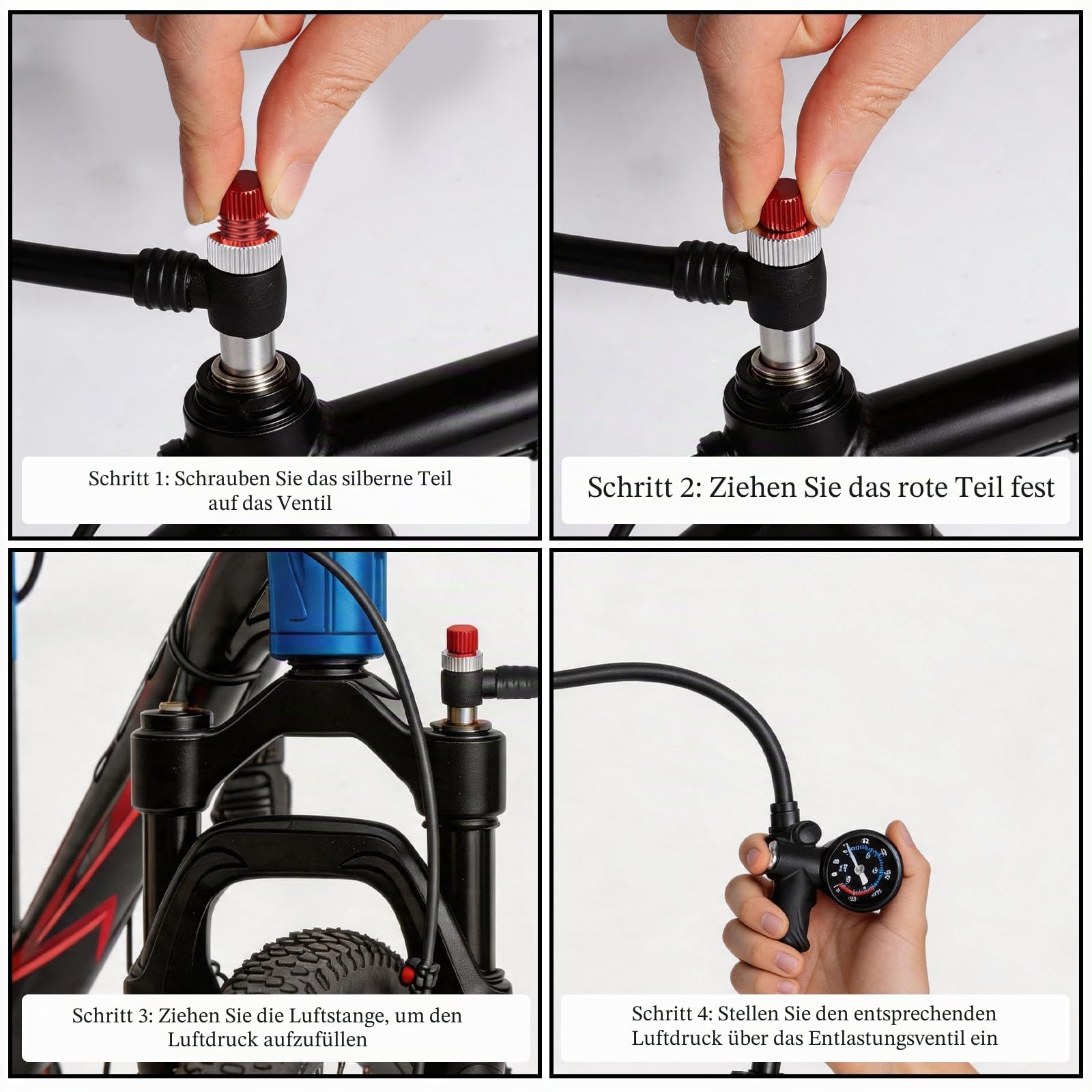 Hochdruck Fahrrad Dämpferpumpe(Max 300 PSI), 3 in1 Tragbargabelpumpe Fahrrad mit Manometer Entlüftungstaste Aluminiumzylinder und 360° Schlauch für MTB, Rennrad & Federgabel