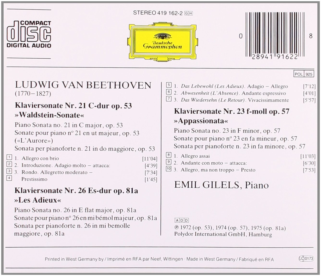 Piano Sonatas Waldstein/a