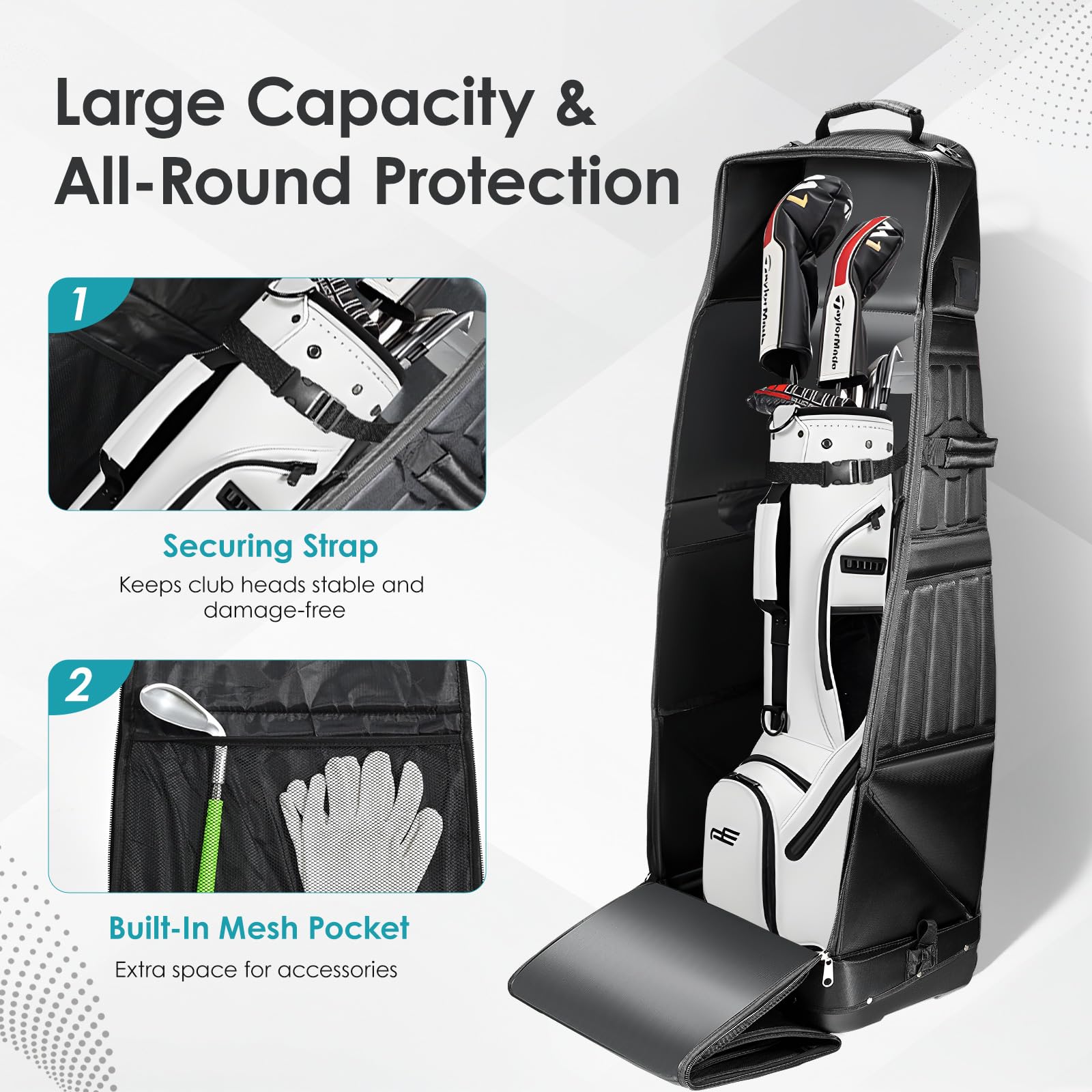WildFun Golftasche mit Rädern, Klappbare Golf-Reisetasche für Reisen Outdoor, Große Kapazität Wasserdicht Verschleißfeste Material mit Zubehör Lagerung für Herren Frauen, 130/38(Nach Falten) cm Hoch