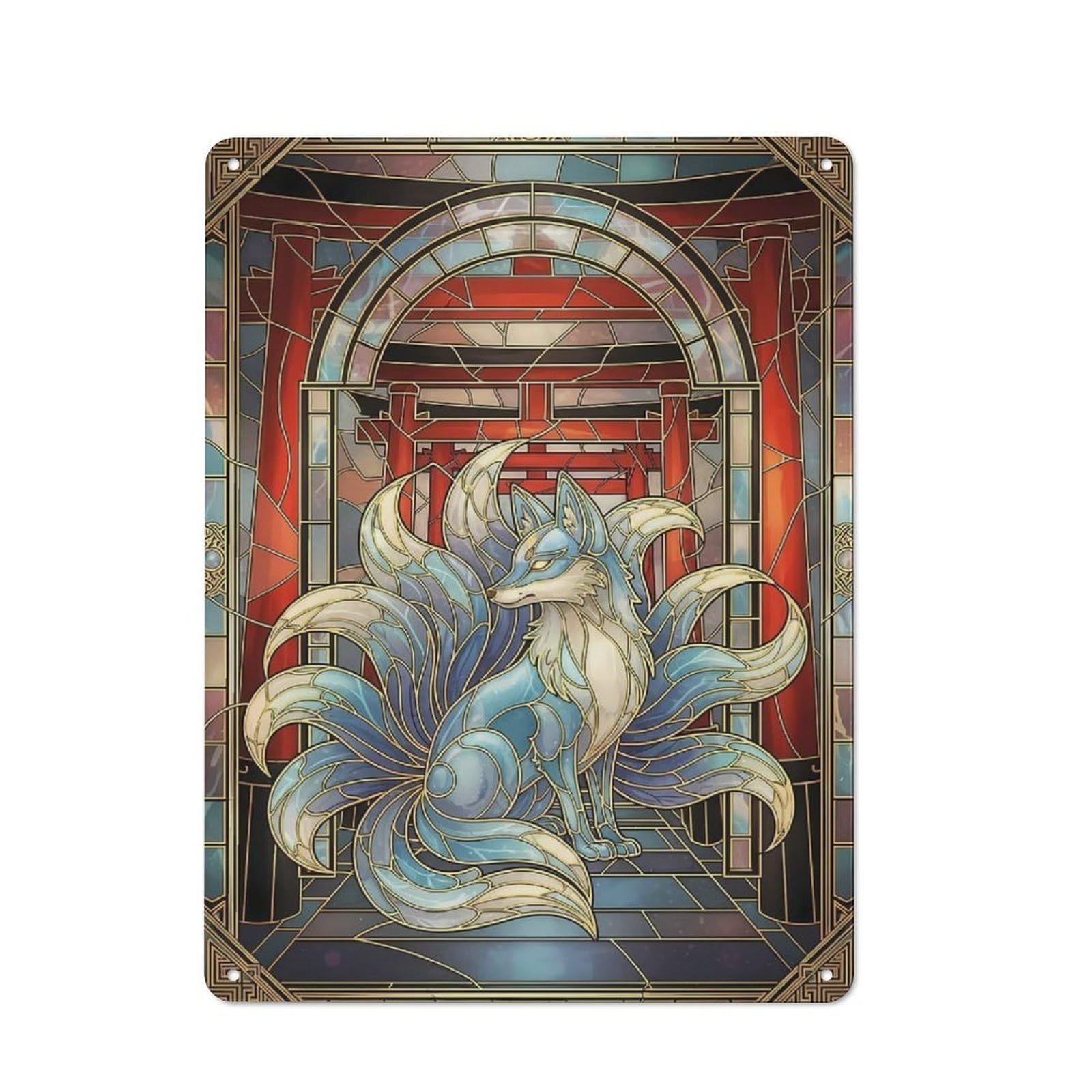 Junmoney Style-2 Retro Metal Wall Sign 40X30cm With Nine-Tailed Fox Stained Glass Art For Hallway Wall, Suited To Hallway Decor Lovers