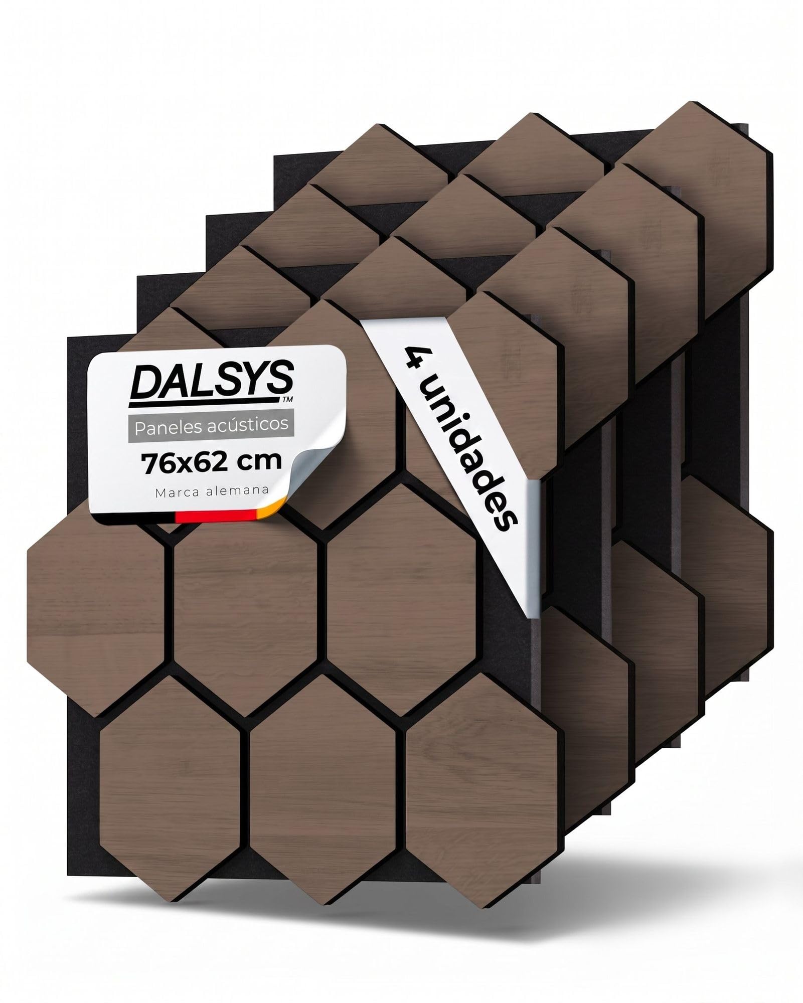 4x Paneles acústicos con patrón hexagonal 76 x 62cm Nogal madera