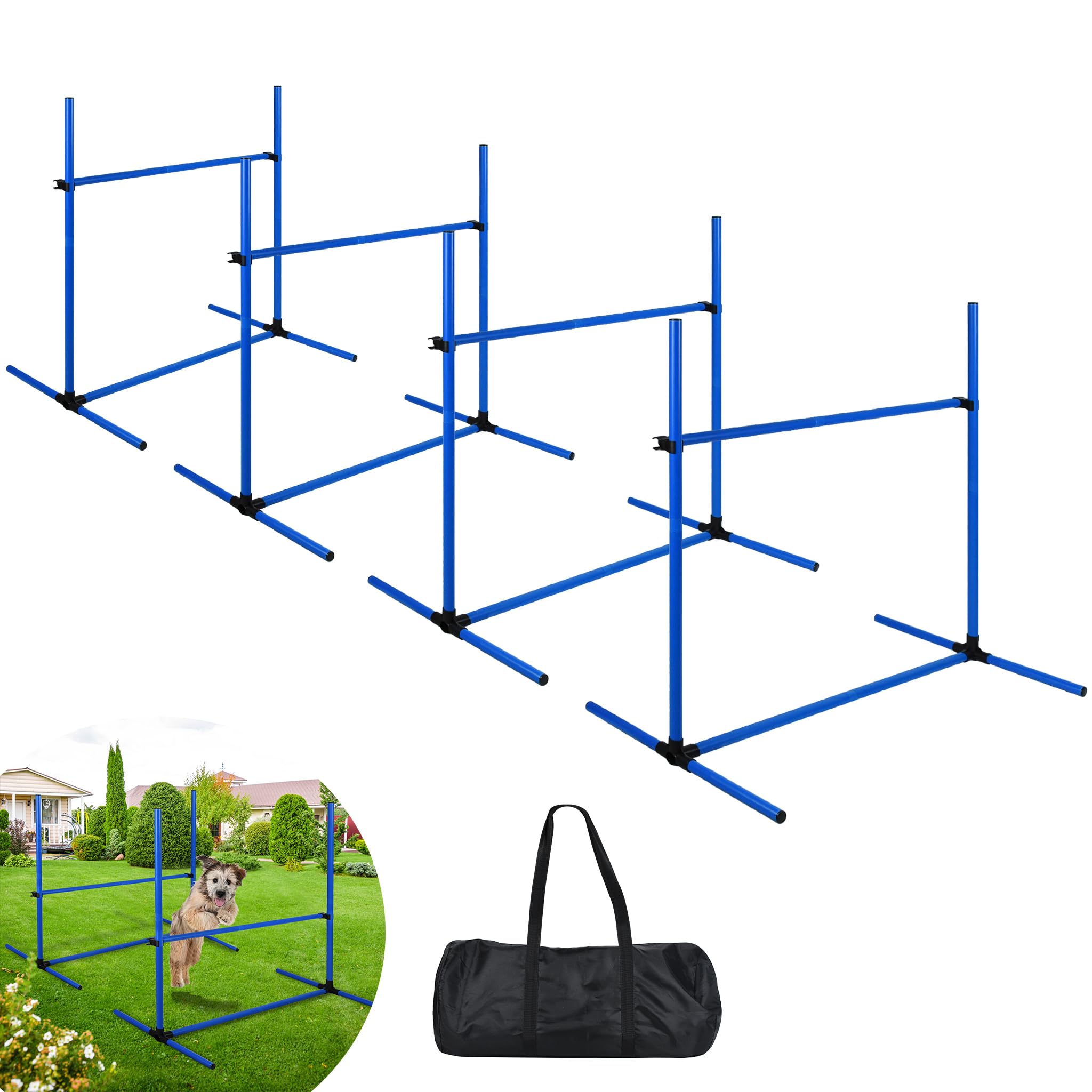 Blau 4X Hürden für Hunde Agility-Ausrüstung Slalom Stangen Höhenverstellbar Slalom Training Trainingsset Trainingsstangen Sprungstangen-Set 104x70x101cm