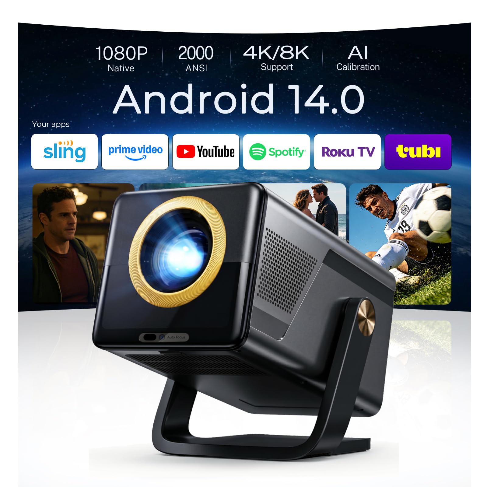 Videoprojecteur X7, Projecteur Video 4K Android 14 Smart, Mini Projecteur Portable WiFi Bluetooth, 2000 ANSI Natif 1080P, Autofocus Trapèze, Retroprojecteur Cinema Maison Chambre Exterieur