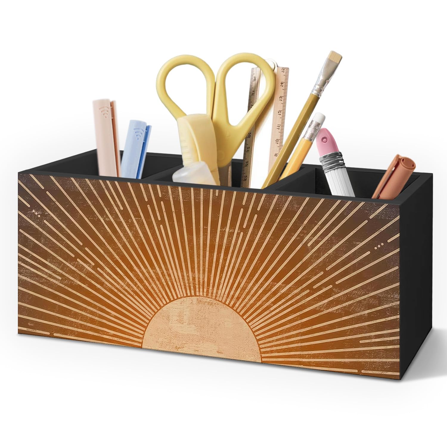 AQYIP Vintage Boho Sun Wooden Pen Pencil Holder for Desk Accessories, Boho Office Decor, Retro Mid Century Modern Sunshine Wood Makeup Brush