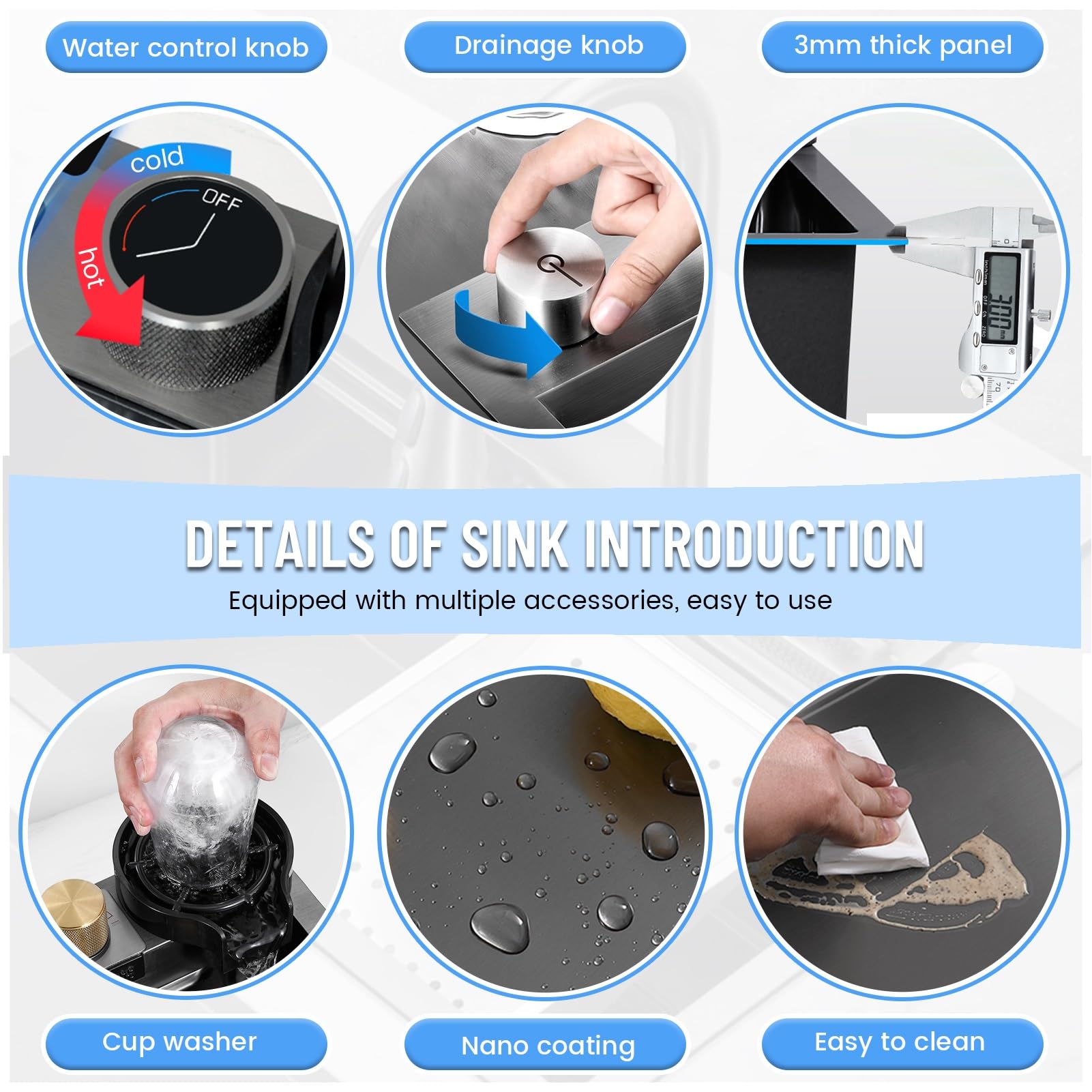 Fregadero de Cocina Grande con escurridor, Fregadero de un Solo Seno para encimera, para instalación empotrada, Acero Inoxidable, Incluye Kit de desagüe Completo (Negro, 75x45x22cm