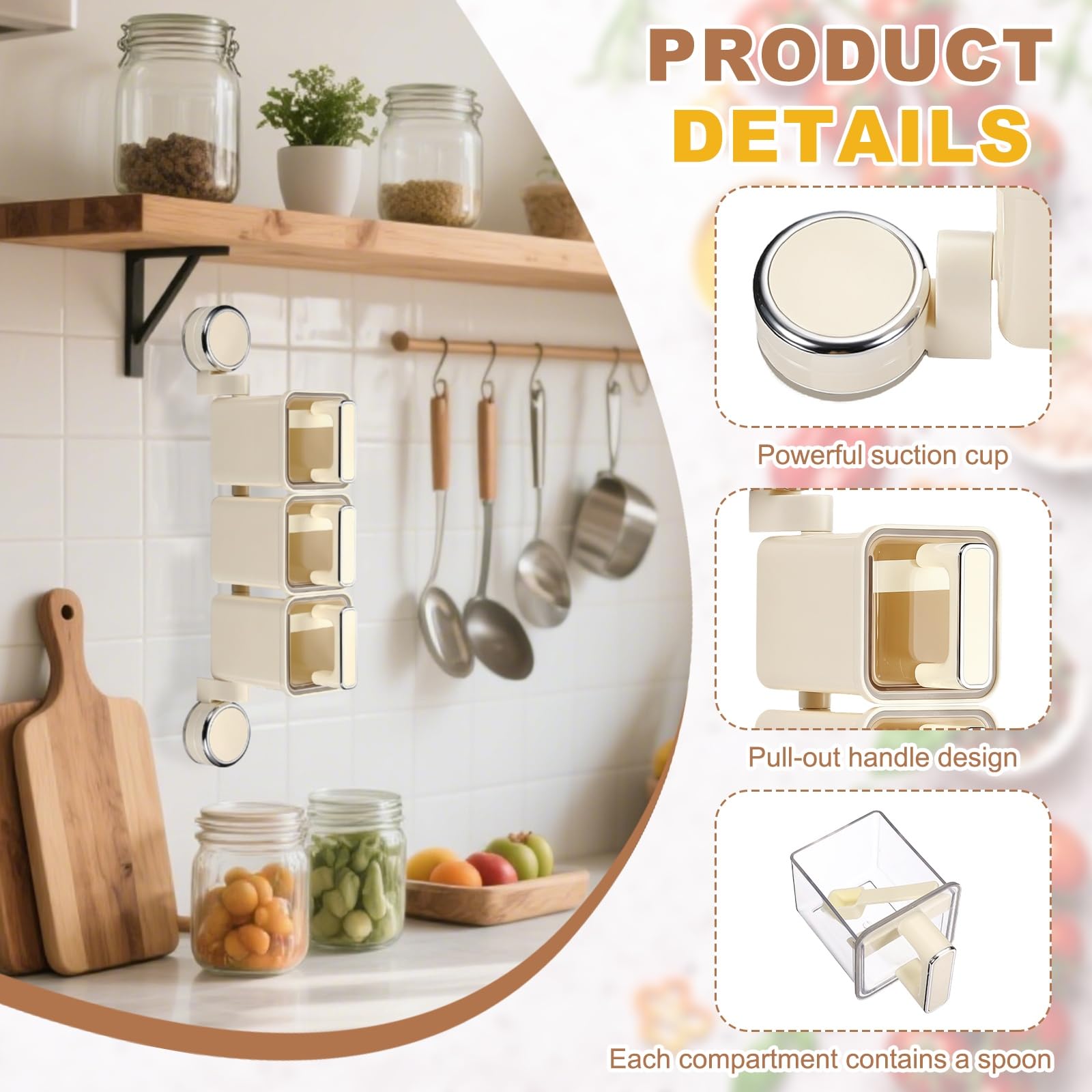 sourcing map Set di contenitori per caffè e zucchero, barattoli per condimenti a parete a triplo strato, in plastica, con ventosa e cucchiaio, girevole a 180°, per condimenti e condimenti per casa e