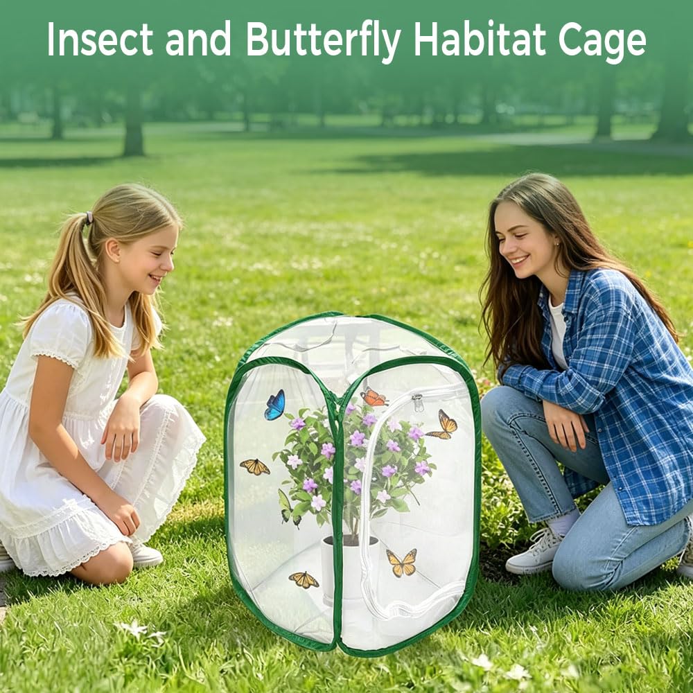 Gabbia per Insetti e Farfalle, 40×40×60 cm Gabbia per Farfalle Pieghevole, Gabbia per Habitat Farfalla con Cerniera e Maniglia, Gabbia per Insetti Portatile Pop-up per Piante, Insetti