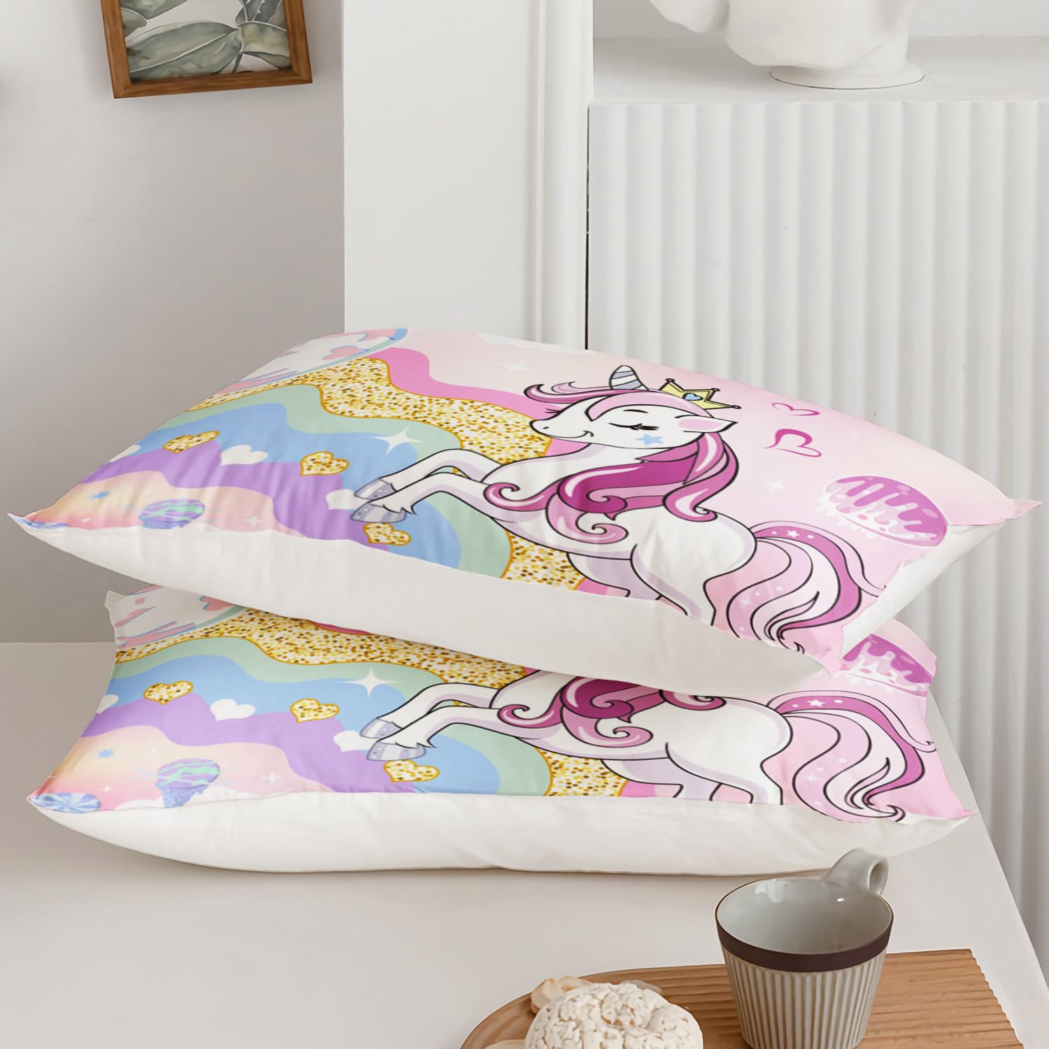 3D Gedruckt Einhorn Bettwäsche, Bunte Bettwäsche Set Geeignet für Kinder/Mädchen/Erwachsene bettwäsche 135 * 200cm,80 * 80cm*1 EDBTTAF021
