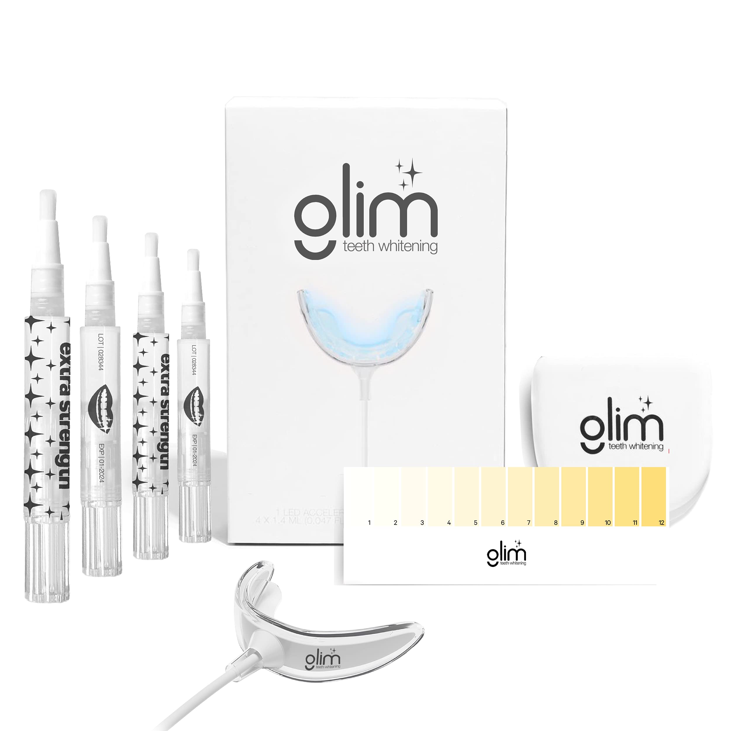 Glim Teeth Whitening Kit for Sensitive Teeth - 36 LED USB Rechargeable Light, Enamel Safe, Dentist Approved with 4 Gel Pens and Travel Tray