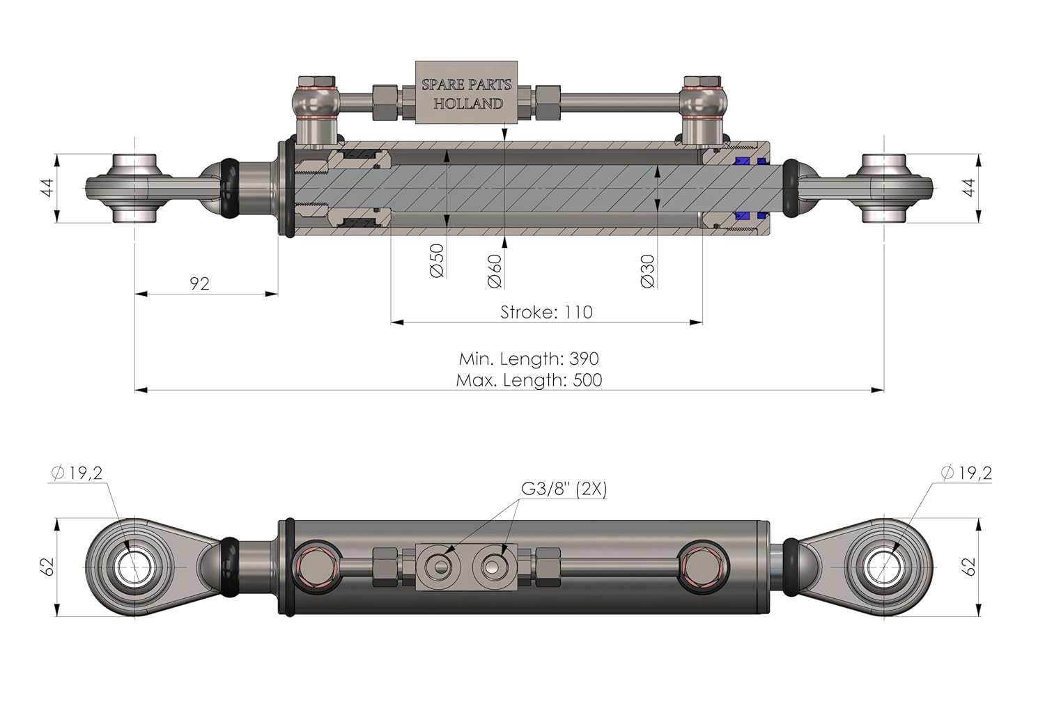 Spare Parts Holland Hydraulic Top Link Cat. 1 with Locking Block Including 2 Hoses (Length Selectable) (Min: 15 3/8"" - Max: 19 3/4"" (Eye to Eye)), SPH32Serieextended