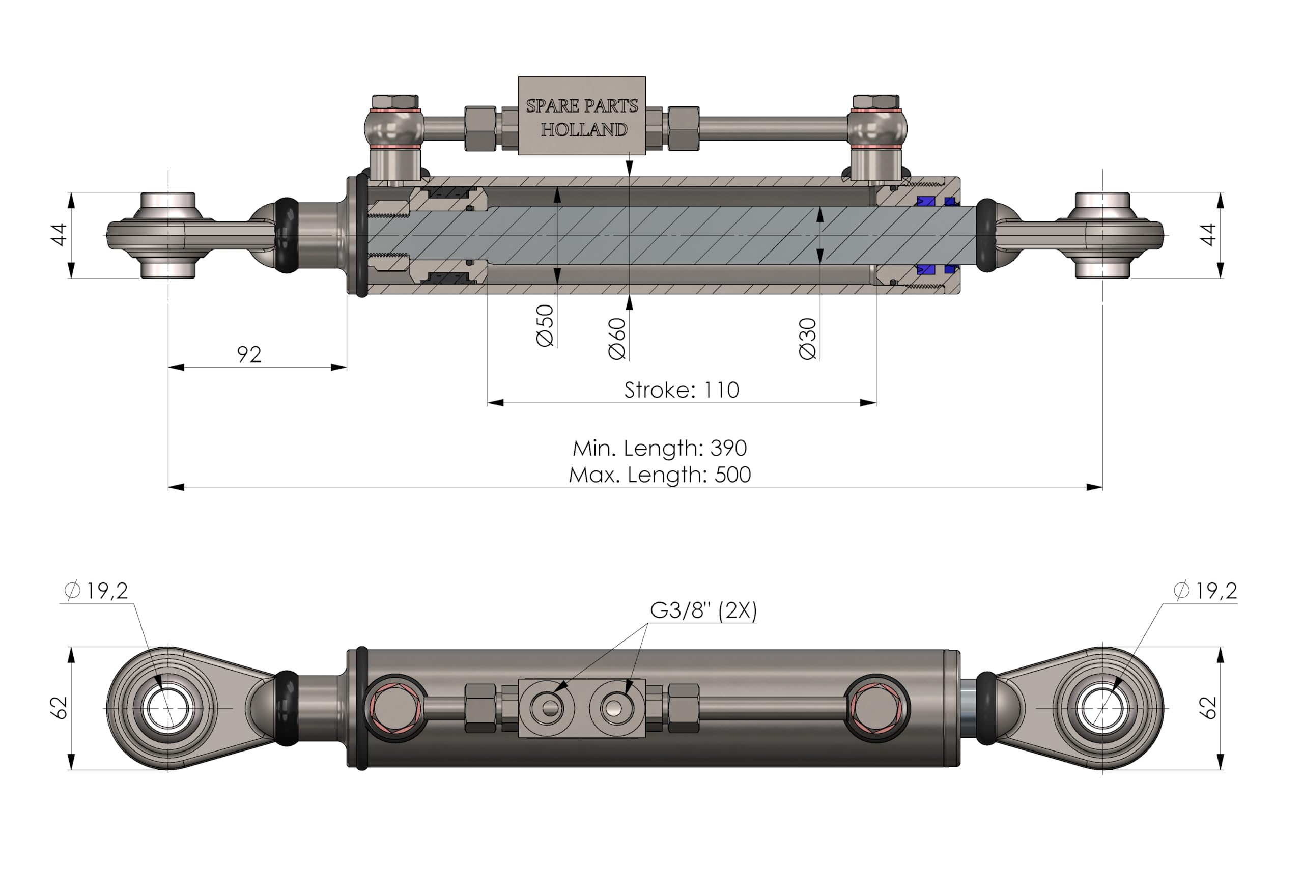 Hydraulischer Oberlenker Kat 1-1 - Verlängert - (390 - 500 mm) mit Verriegelungsblock und 2 Schläuchen - SPH320171