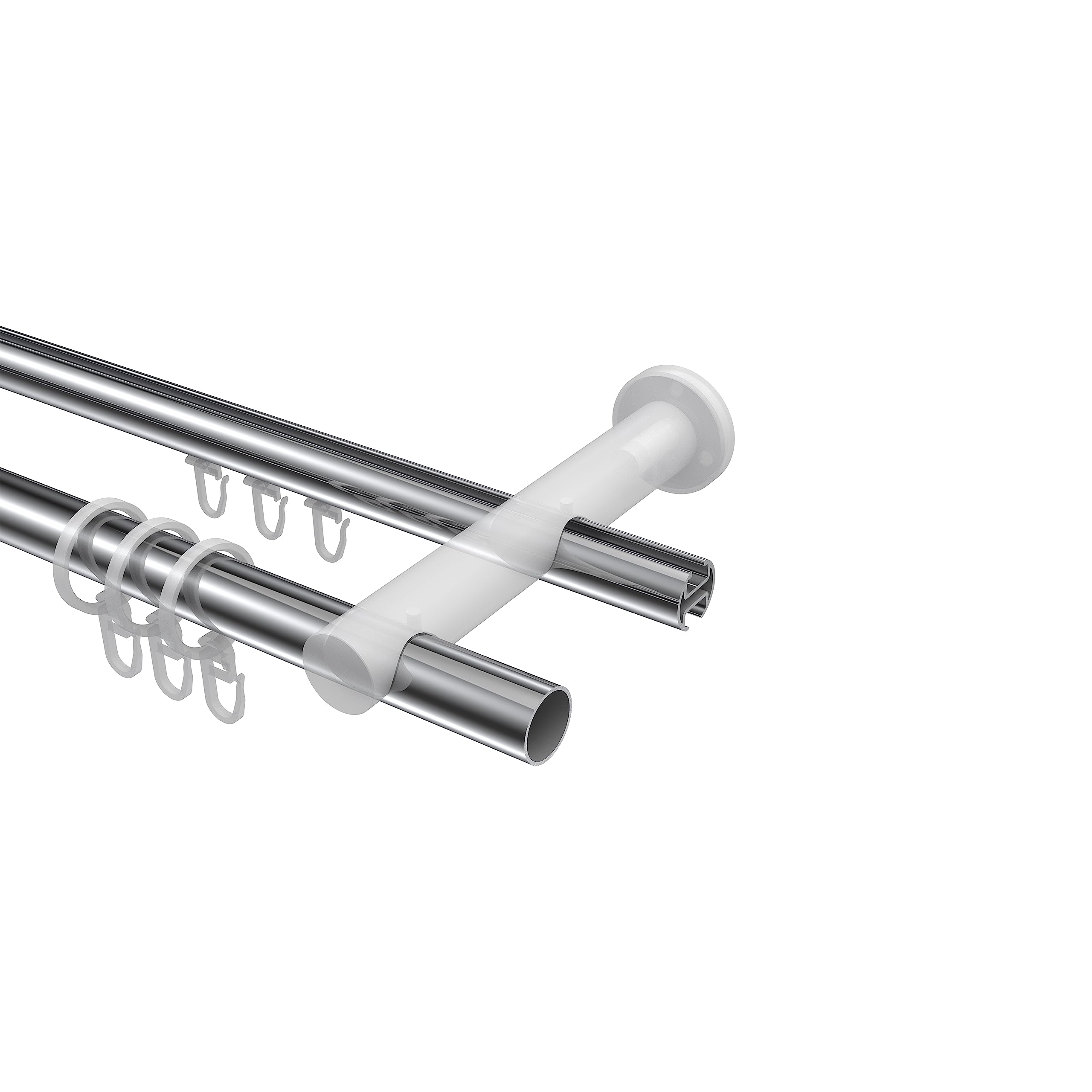 INTERDECO Rundrohr-Innenlauf-Gardinenstange 20 mm 2-läufig, moderne Rohr-Innenlaufstange aus Metall, Chrom, zur Wandmontage, Typ 10223812, 320 cm