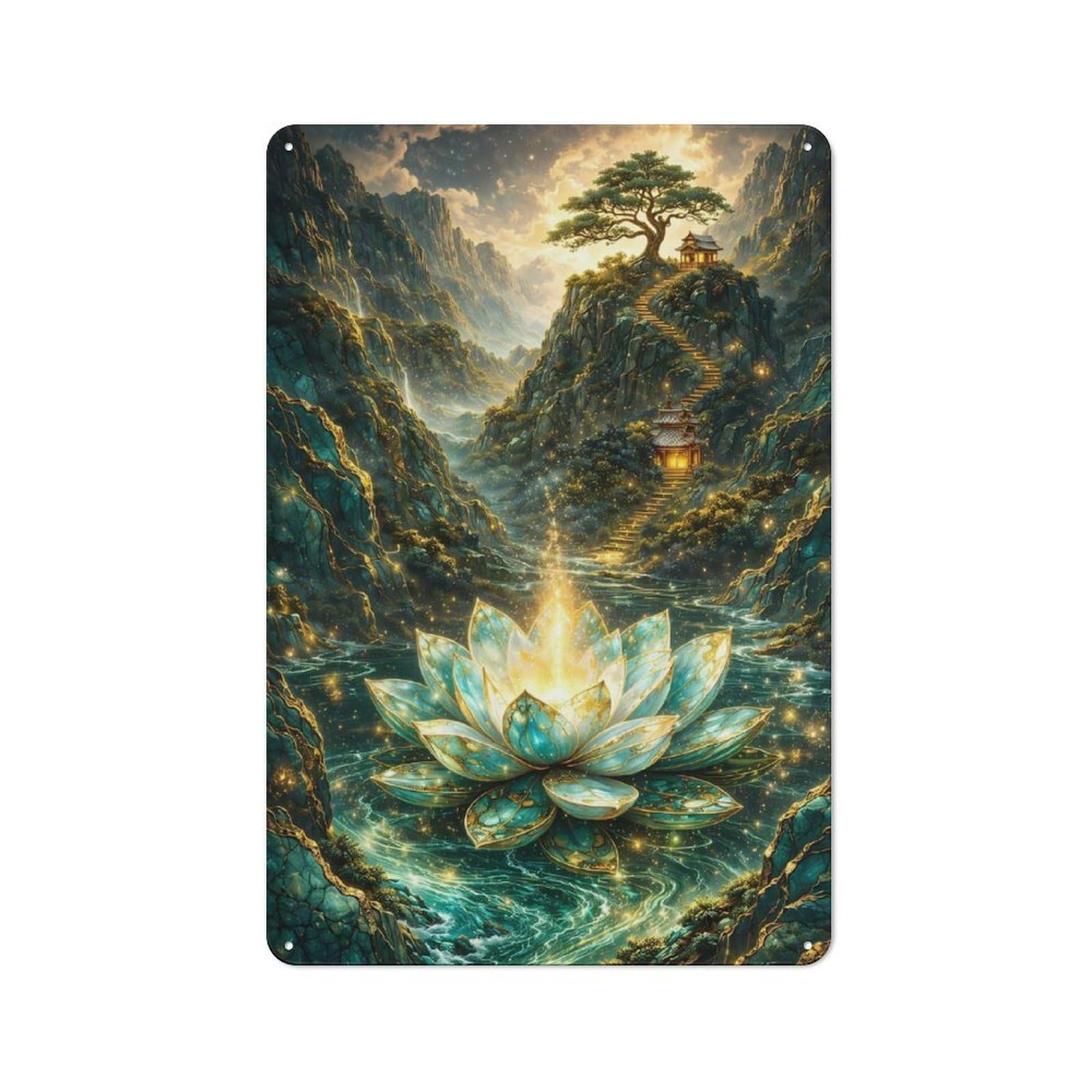 Junmoney Style-14 Tin Wall Plaque 30X20cm With Enchanted Lotus In A Mountainous Landscape For Bar Or Restaurant, For Hospitality Decor Collectors