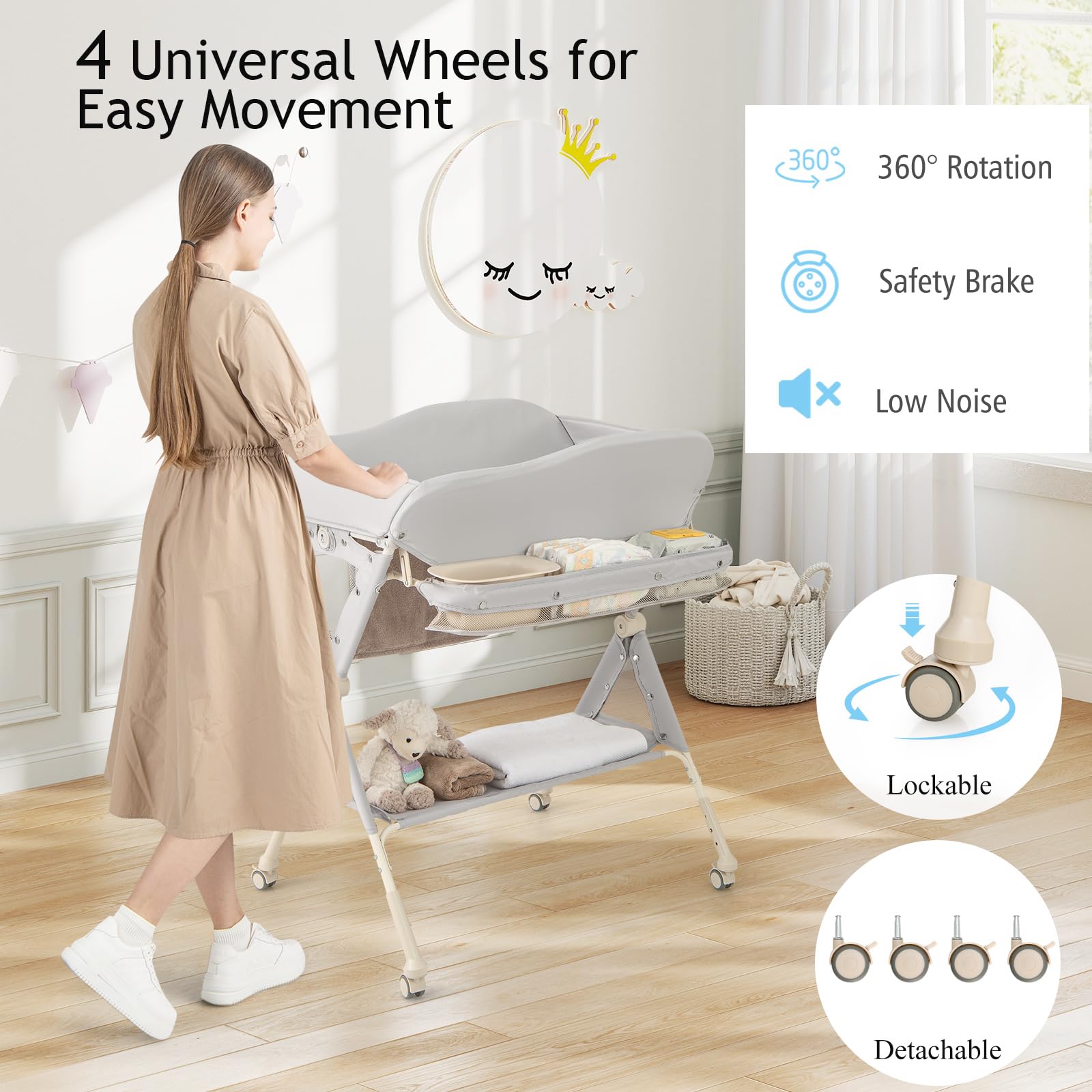 LIFEZEAL Baby Wickeltisch, Wasserfeste Badewanne, Wickelauflage faltbar aus Waldorf-Strickstoff und PP, 11 KG Tragkraft, für Babys 0-6 Monate (Grau)