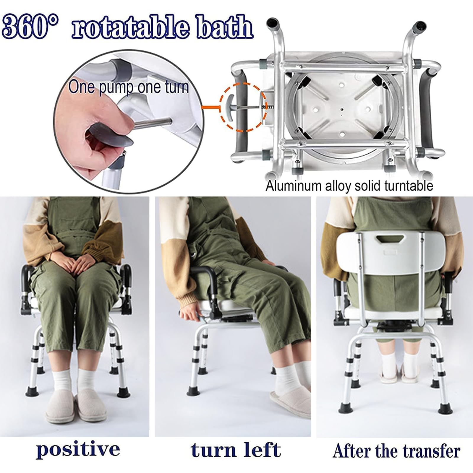 Silla de Ducha Giratoria 360 ° con Respaldo y Apoyabrazos, Asiento de Ducha Taburete de Baño Altura Ajustable Silla de Baño para Embarazadas Ancianos Discapacitados, Capacidad de 400LBS