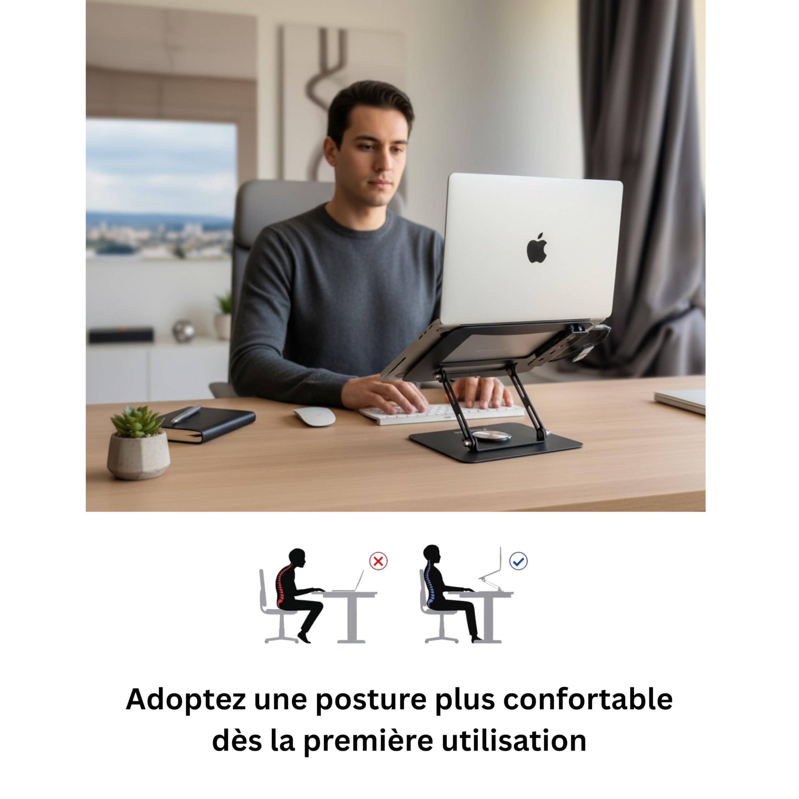 Support Ordinateur Portable, Support PC Ergonomique Rotatif 360°, Réglable en Hauteur, Ultra Stable, Pliable avec Hub USB 6-en-1 Laptop Stand Compatible PC & MacBook 10-17"
