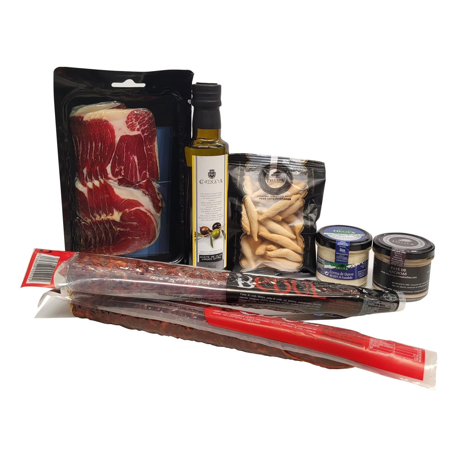 Deliex delicias de Extremadura. Cesta gourmet para regalar con aceite La Chinta, jamón, ibéricos y patés. Regalos para cumpleaños o Navidad. Lote delicatessen.
