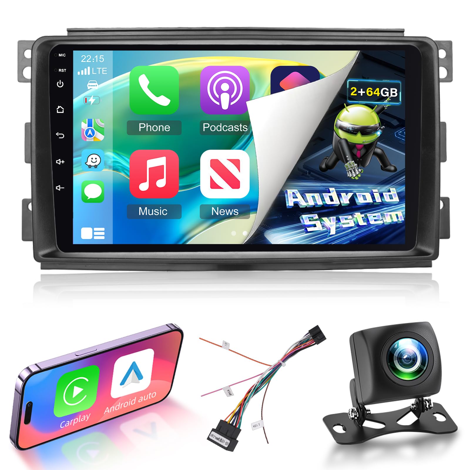 Autoradio Android NHOPEEW 2G+64G per Benz Smart Fortwo 451 2005-2010 - Carplay wireless e Android Auto - Autoradio Carplay da 9 pollici con WiFi EQ GPS FM RDS + telecamera posteriore AHD e microfono