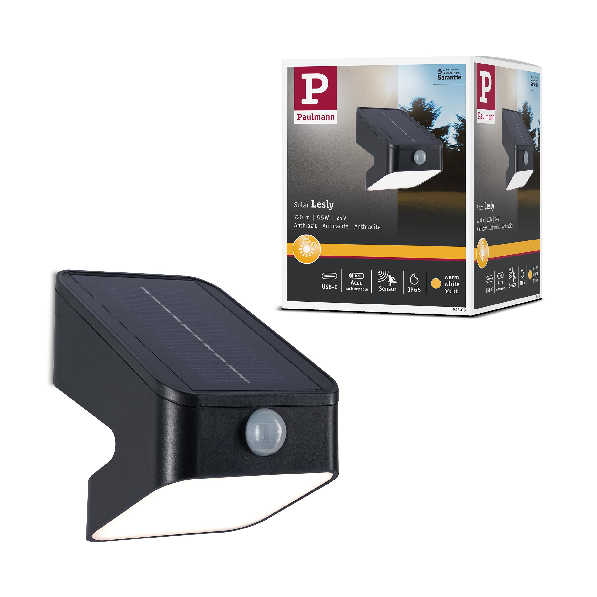 Paulmann 94608 Solarna myjka ścienna LED LeslyTwilight Controlled Motion Detector (IR) IP65Square 113x126mm3000K 5,5W 400lmantracyt plastik