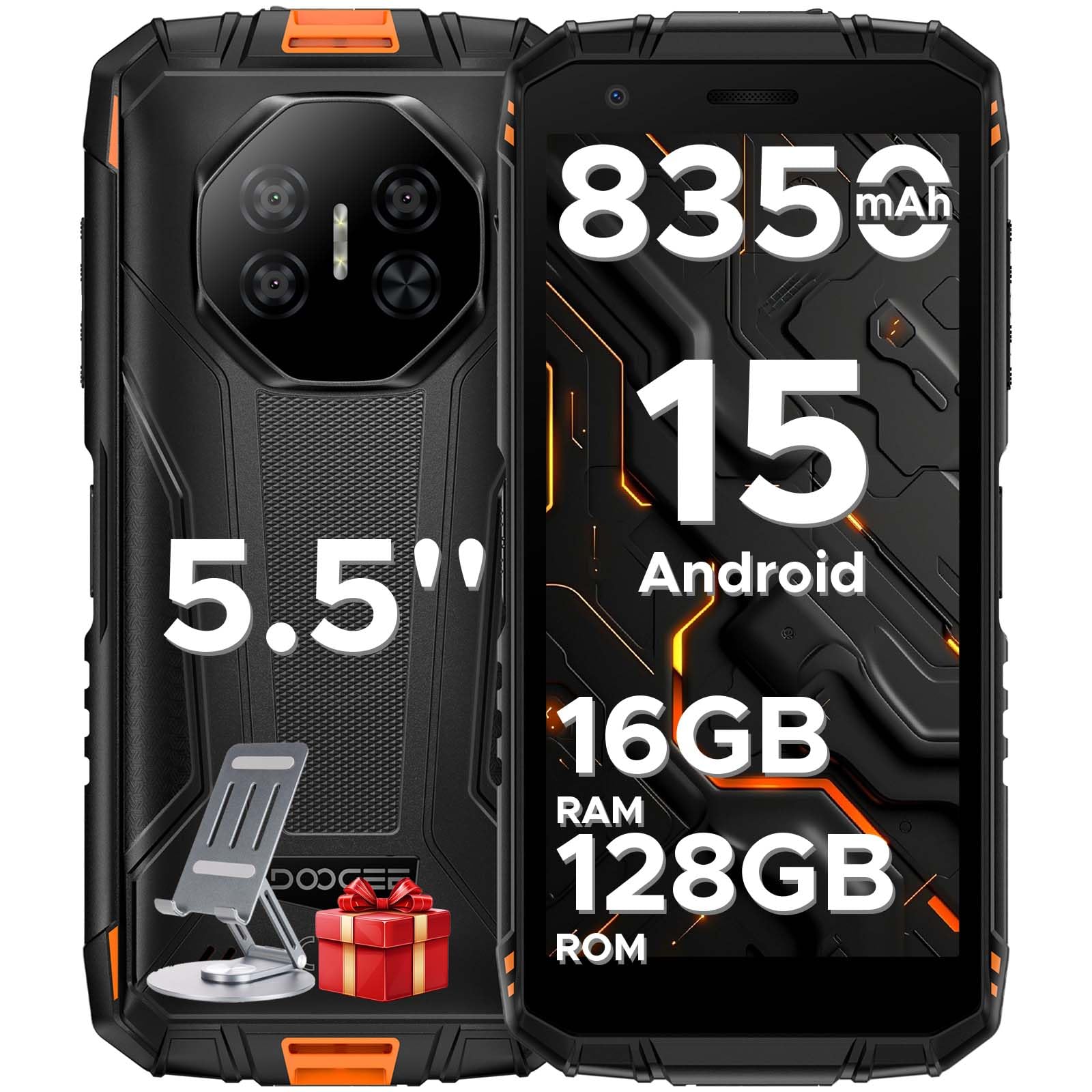 DOOGEE Fire 3 Pro Rugged Smartphone 2025,16GB+128GB, 5.5" HD+ Telefono Indistruttibile Android 15, 8350mAh/18W Cellulare, UNISOC T7200 Octa Core Telefono,16MP+8MP, 4G Dual SIM/Widevine L1/Face ID/NFC