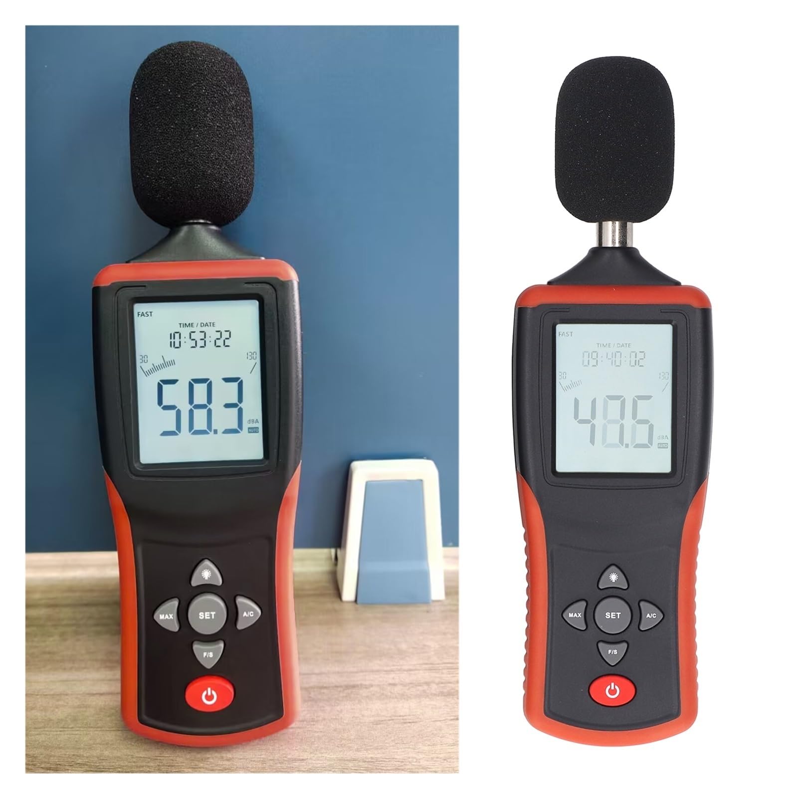 Miernik Decybeli, Decybelomierz z wagą AC, podświetlanym ekranem LCD, przenośny tester poziomu dźwięku, 30-130dB