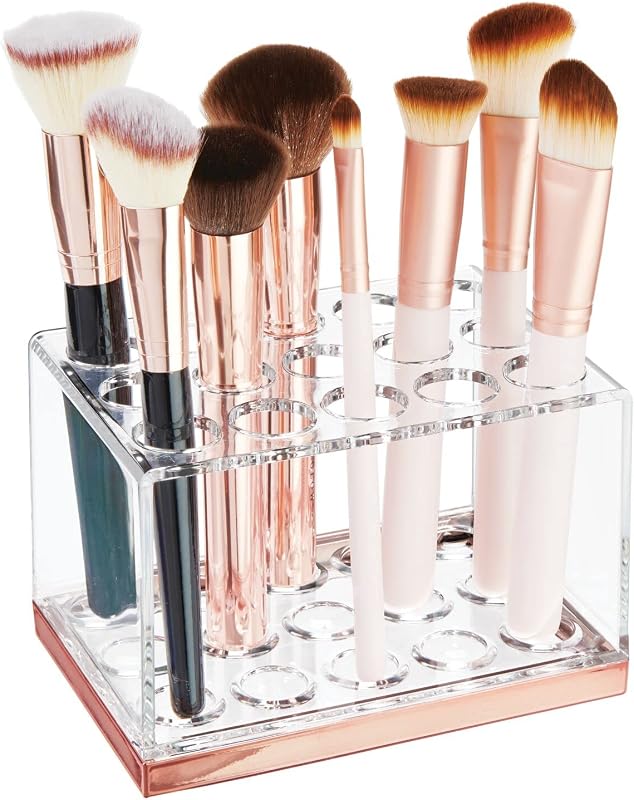 Organizador de plástico mDesign para pincéis de maquiagem com 15 compartimentos, transparente/rose gold