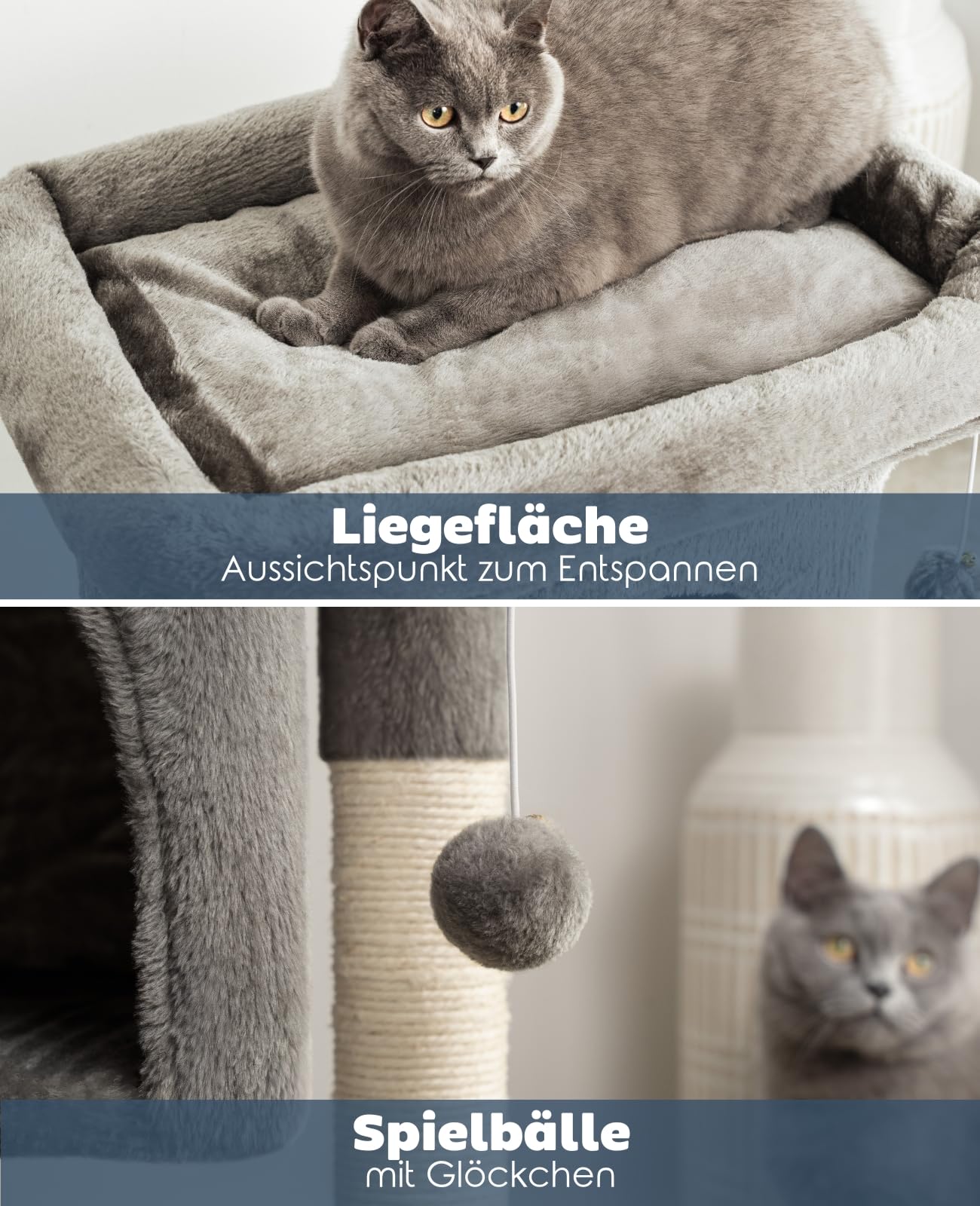 lionto Kratzbaum mit Höhle, Liegefläche & viel Sisal, 60 cm, Dunkelgrau | Kleiner Katzenbaum mit großem Katzenbett, 2 Plüschbällen & Höhle - Klettern, Spielen, Verstecken, Ausruhen & Krallenpflege