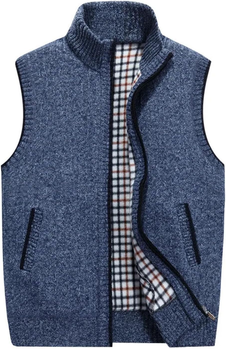 Men's Knitted Sweater Vest Stand-Up Collar Zinpper Cotton Soild Cardigans Sleeveless Top Casual Loose Golf Man Vest