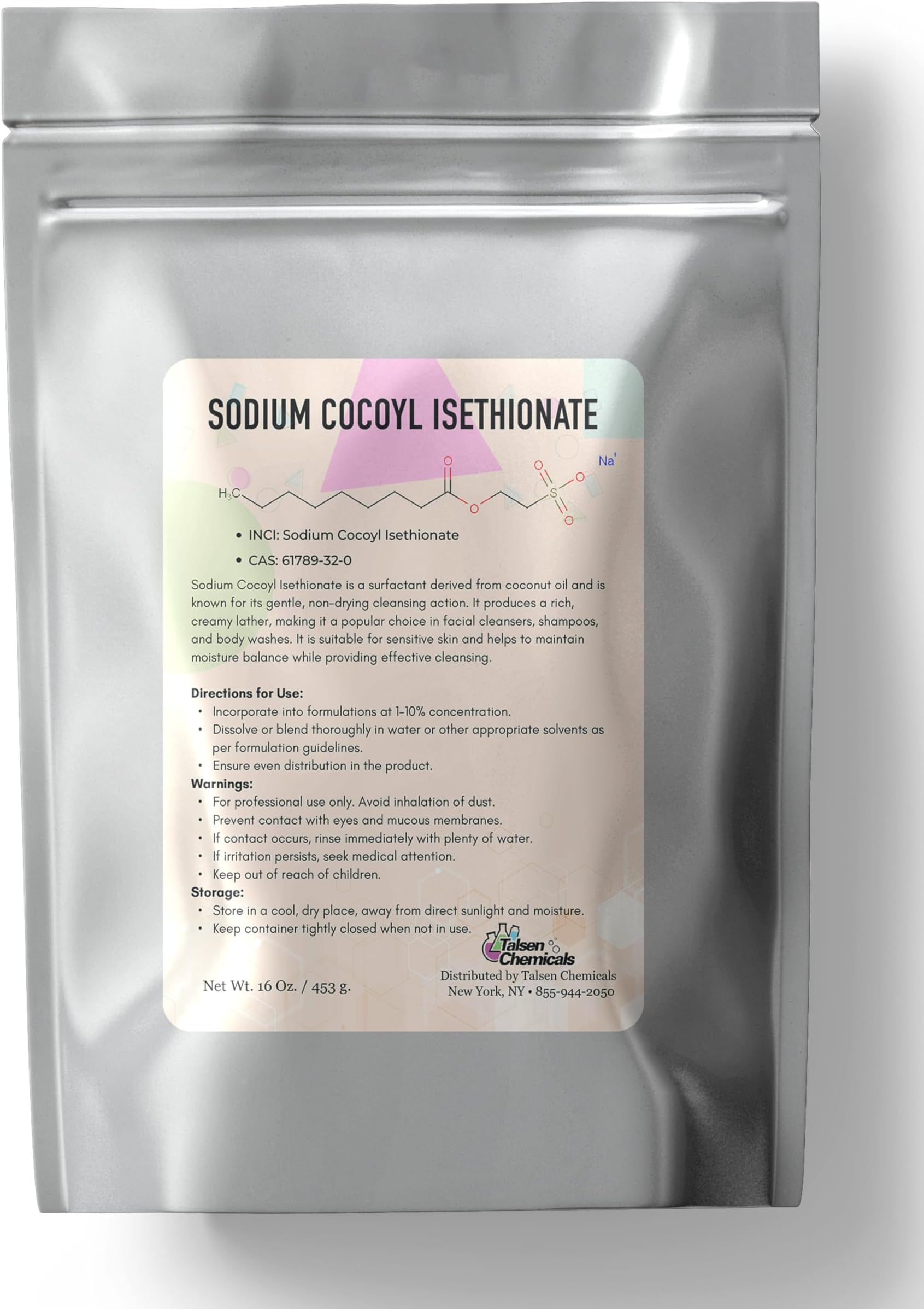 Sodium Cocoyl Isethionate Powder - Cosmetic Grade - 16 Oz / 453 g - Mild Surfactant for Soap Making, Lotion Making, DIY Cosmetics, Haircare, Bath Bomb Making - SCI Powder by Talsen Chemicals