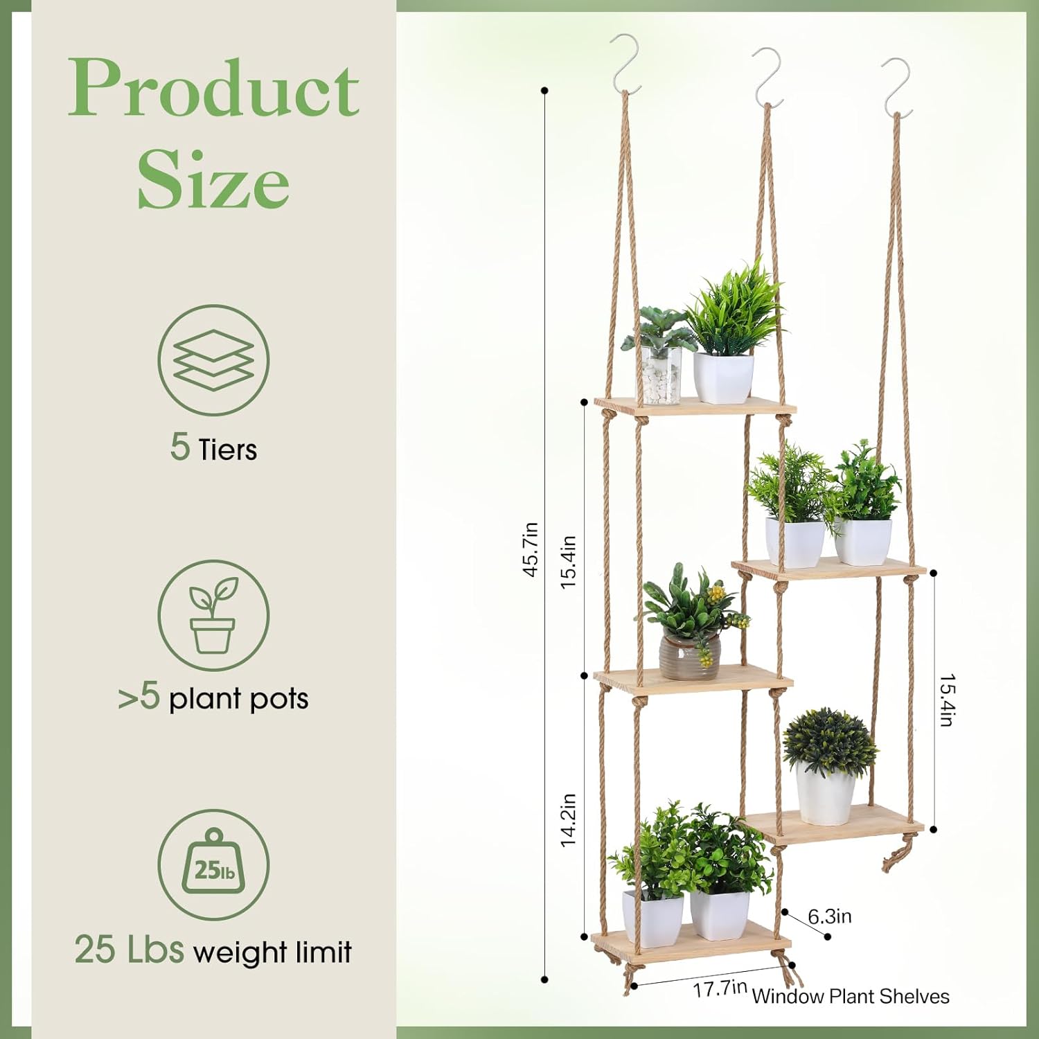 Novabright Window Hanging Plant Shelf with Wooden Shelves Macrame Rope Hanging Plant Stand with 3 S Hooks for Indoor Outdoor Bedroom Window Sill Balcony Boho Decor (Natural Wood Color,1 Pcs)