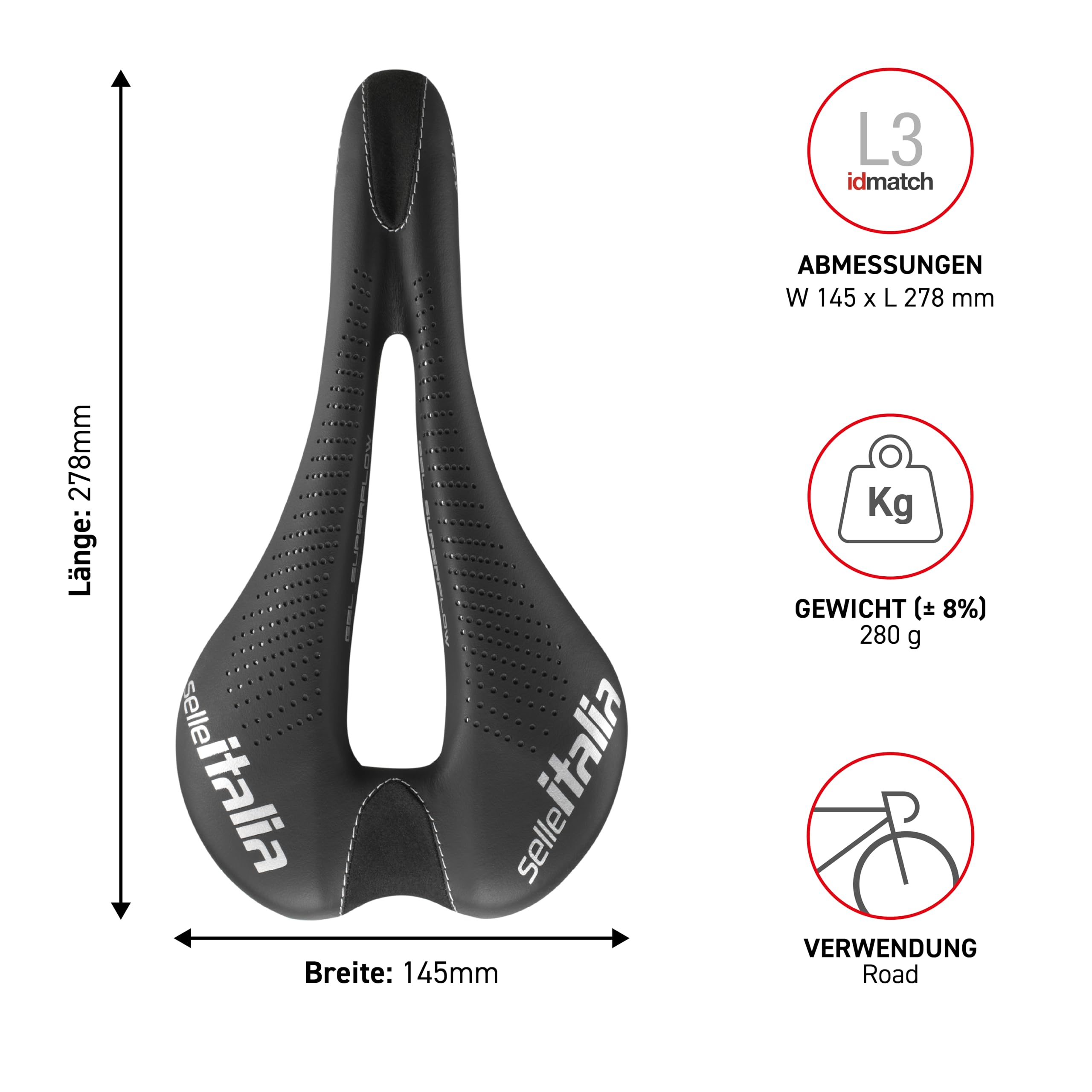 Selle Italia - Max SLR Gel Superflow Road Bike Seat, Rail TI 316 Tube Ø7, Road Saddle Gran Turismo Fiber-tek Comfort Gel, Shock Absorber