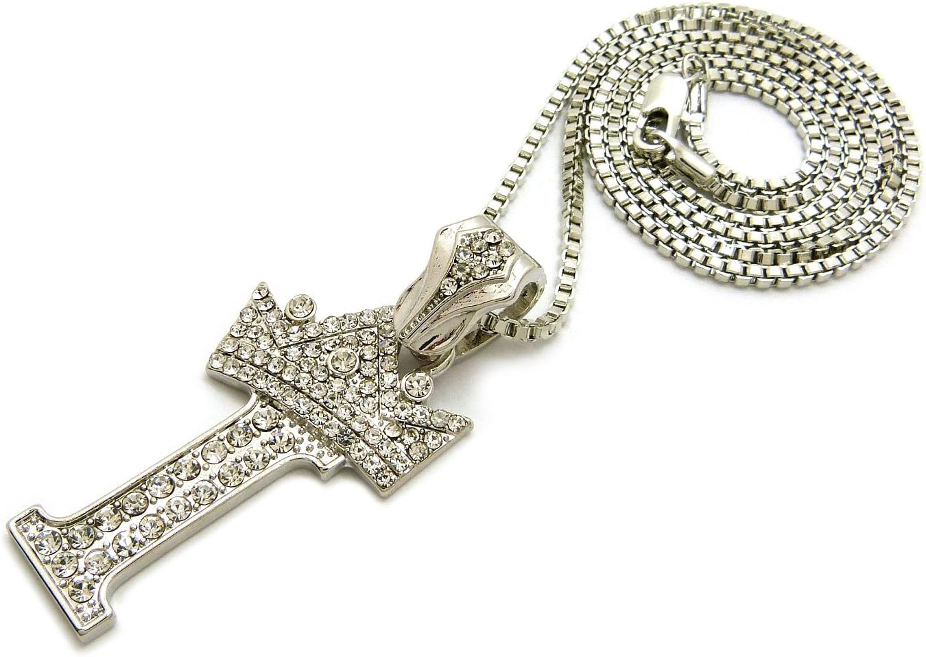 Fashion 21 Iced Out King Crown Alphabet Initial Pendant 2mm 24" Box Chain Necklace in Gold, Silver Tone (I - Silver)