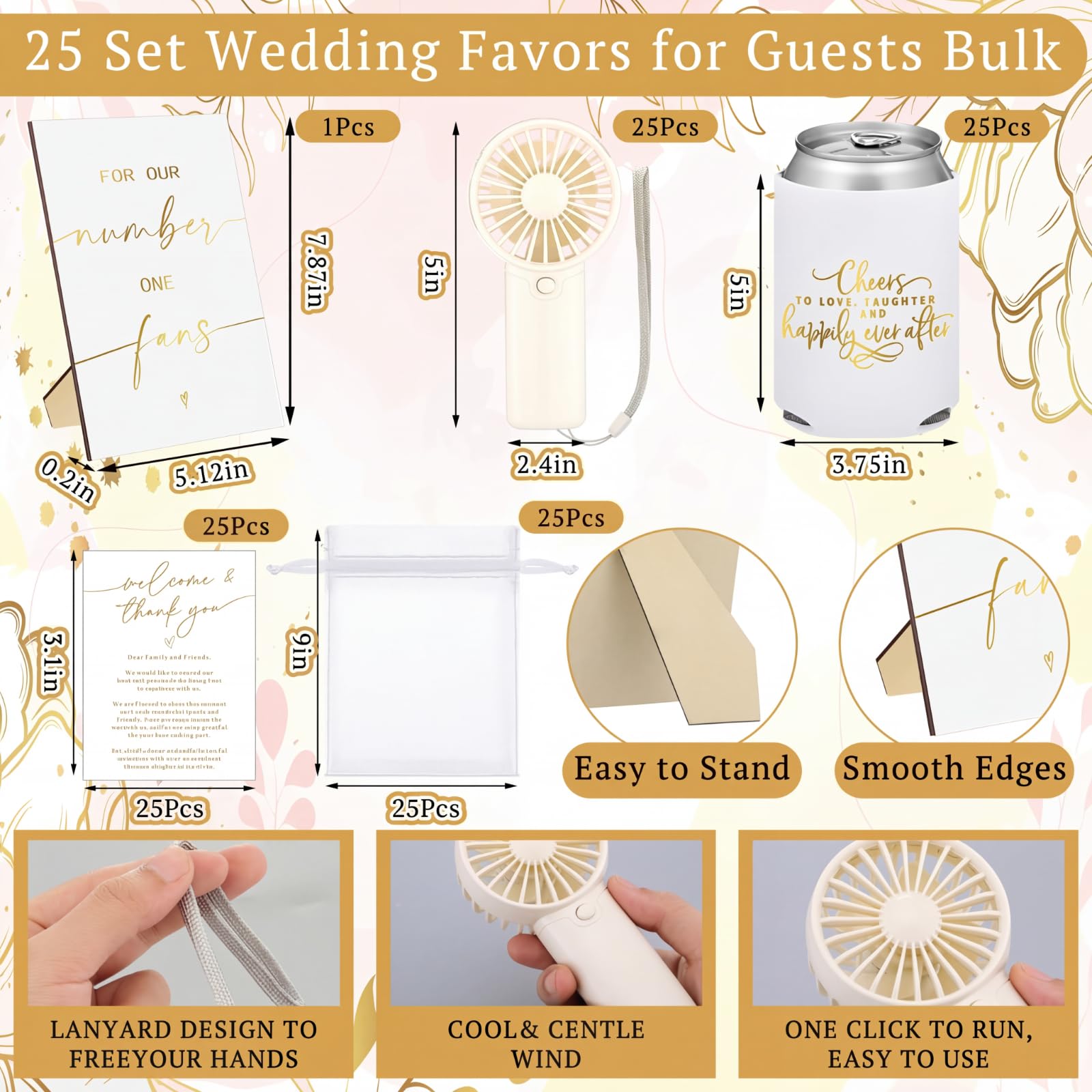 Hortsun Mini-Handventilator-Set für Hochzeit, Großpackung für Gäste, tragbar, persönlich, kleine Fächer, Dosenkühlerhüllen mit 1 Holz-Tischschild für Sommer, Verlobung, Brautparty, Gastgeschenke