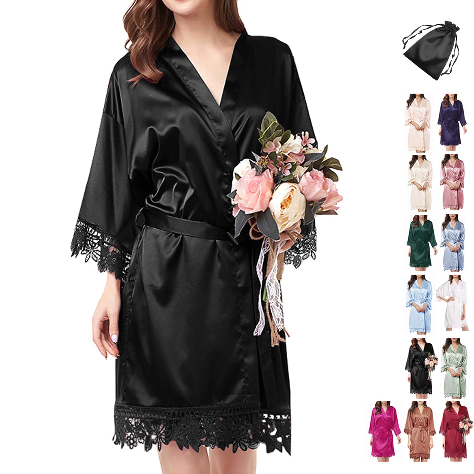 WJing Yi Jia2Pcs Satin Robe Womens Silk Robes Lace Kimonos Bridal Silky Robes for Brides Bridesmaids Wedding Nightgown Bathrobe Sleepwear