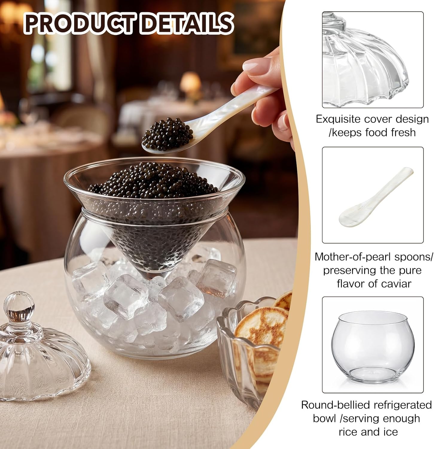 Hushee 2 Set Caviar Serving Set Glass Chiller Server Dish with 8 Mother of Pearl Spoons Caviar Serving Dish with Cover Ice Holder Snack Bowl for Shrimp Ice Cream Martinis and Cocktails Dishwasher Safe