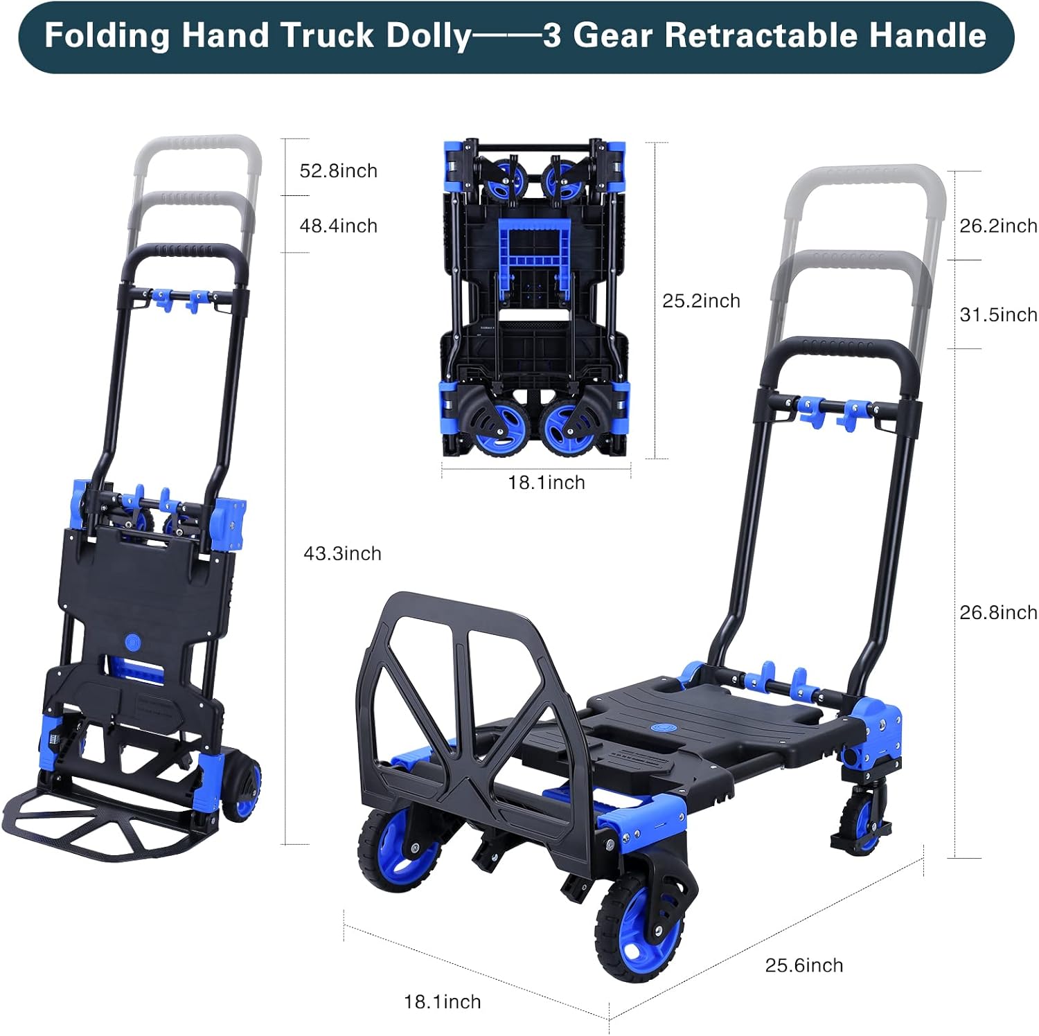 Image showing the third step of unfolding the hand truck, adjusting handle height and deploying the platform.
