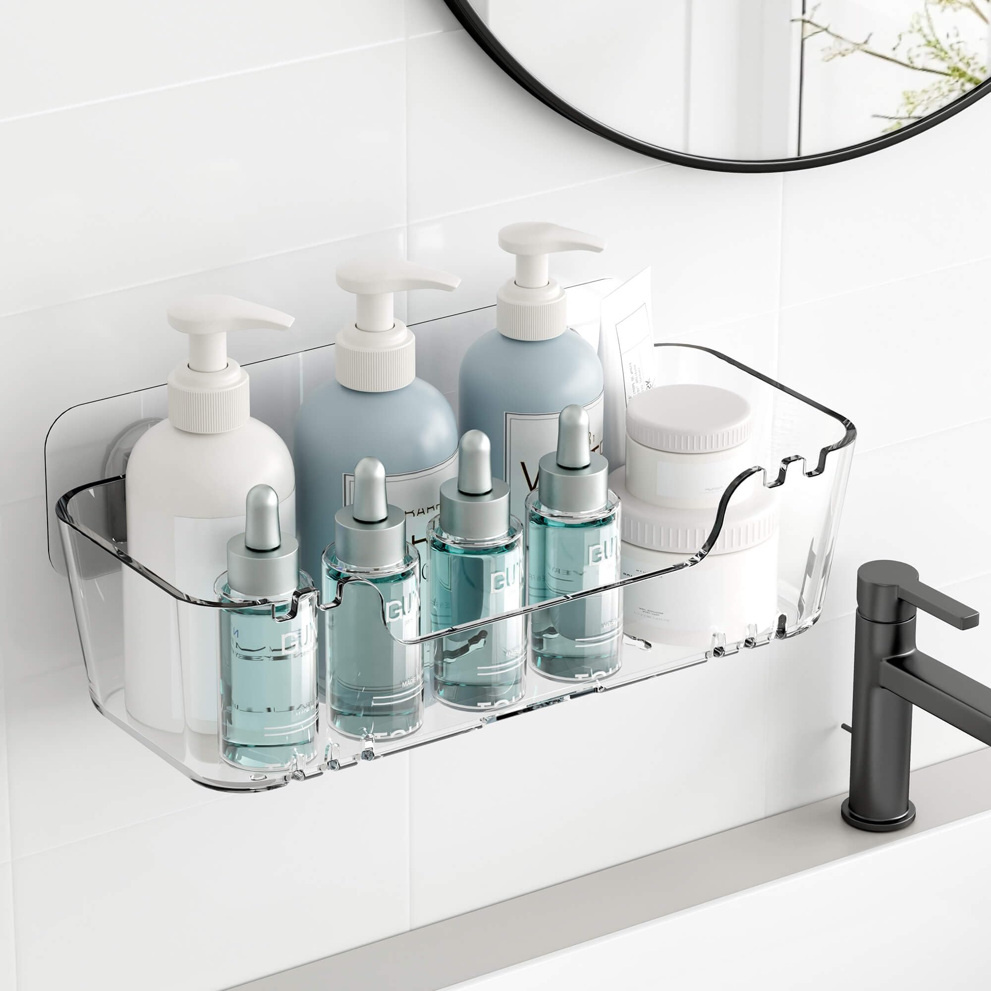 TZAMLI Acrylic Wall Mounted Shower Caddy, Adhesive Shelf with Self-Adhesive Tape, No Drilling Shower Organizer Clear Shelves for Bathroom Kitchen,