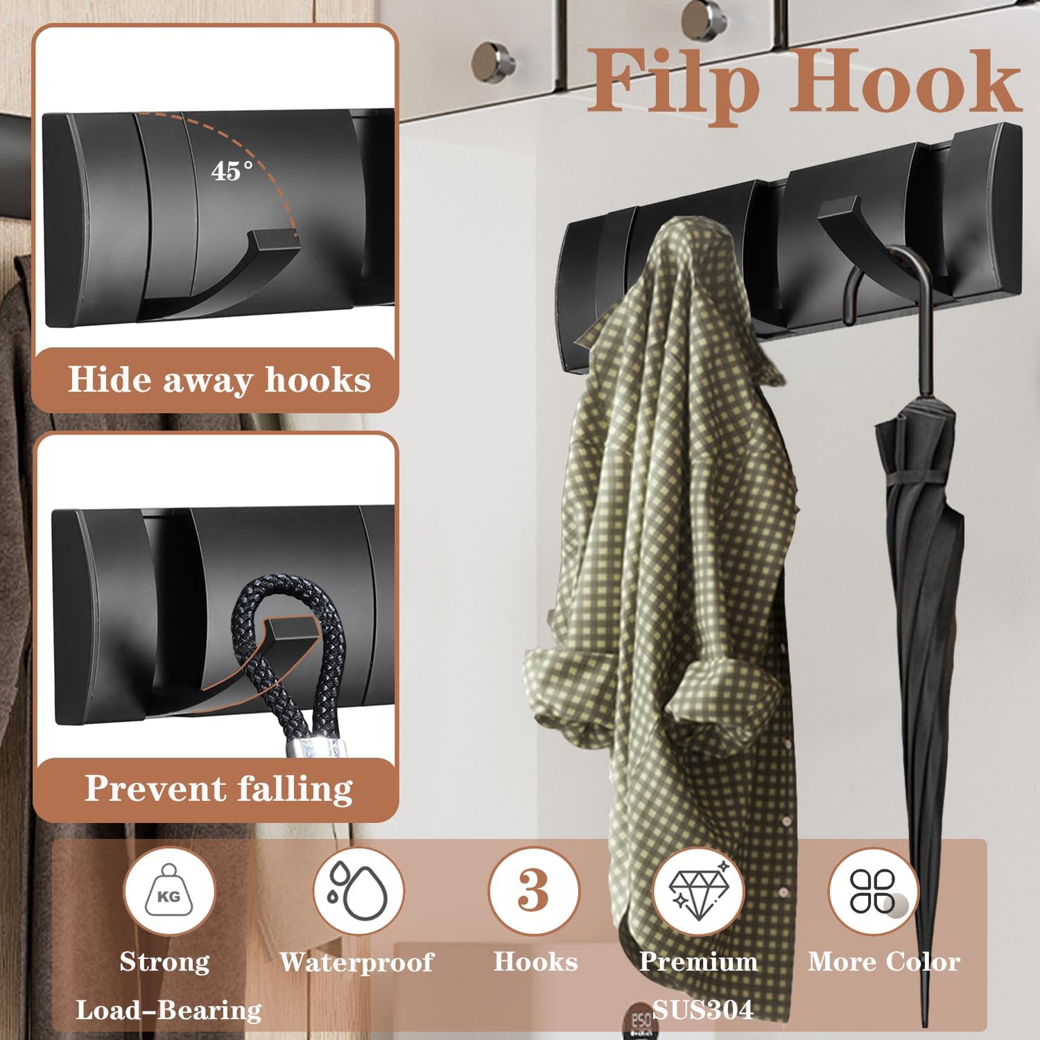 Folding Coat Hooks, Wall Mounted Coat Rack with 3 Retractable Hooks, Heavy Duty Towel Rack for Bathroom Wall Hook for Hanging Clothes Bathrobe, Stainless Steel Coat Hanger for Entryway(Black) - Image 3