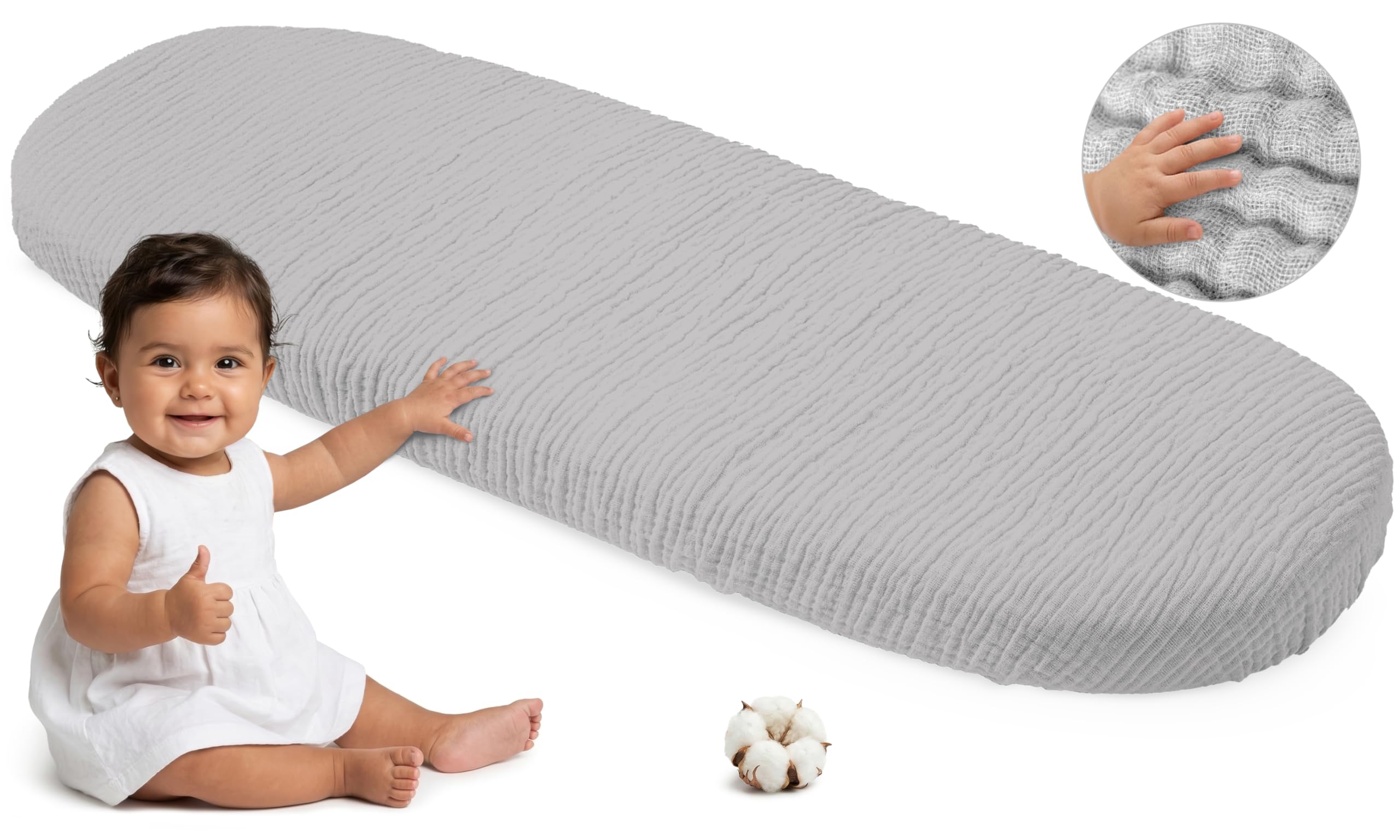 Medi Partners Sabanas Cuna Bebe 86x40 Sabana Bajera Capazo Set de 3 Funda Colchon Combiador para Carro - 100% Algodón Muselina Universal Minicuna Moises Sábanas Carrito (Beige-Blanco-Gris) — view 9