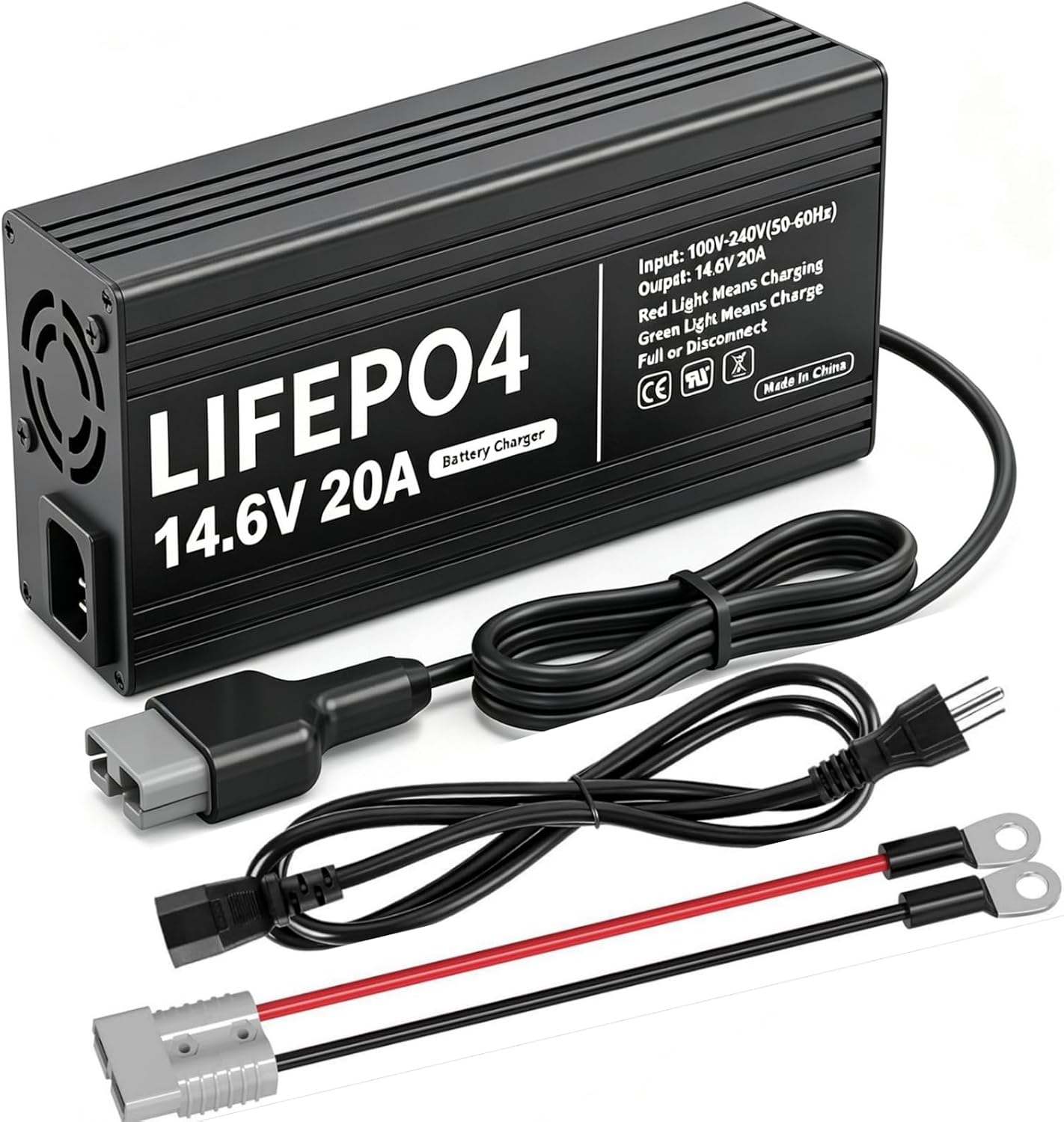 12V 20A Lithium Battery Charger, 14.6V LiFePO4 Battery FAST Charger 20 Amp with Premium Aluminum Housing - for Golf Cart, RV, Marine, Boat, Trolling Motor - Includes Anderson Connector 20Amp