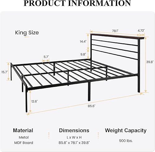 Miniatura 2 de SHA CERLIN Base de cama tamaño King con estante de cabecera y base de metal resistente, no necesita somier, color marrón