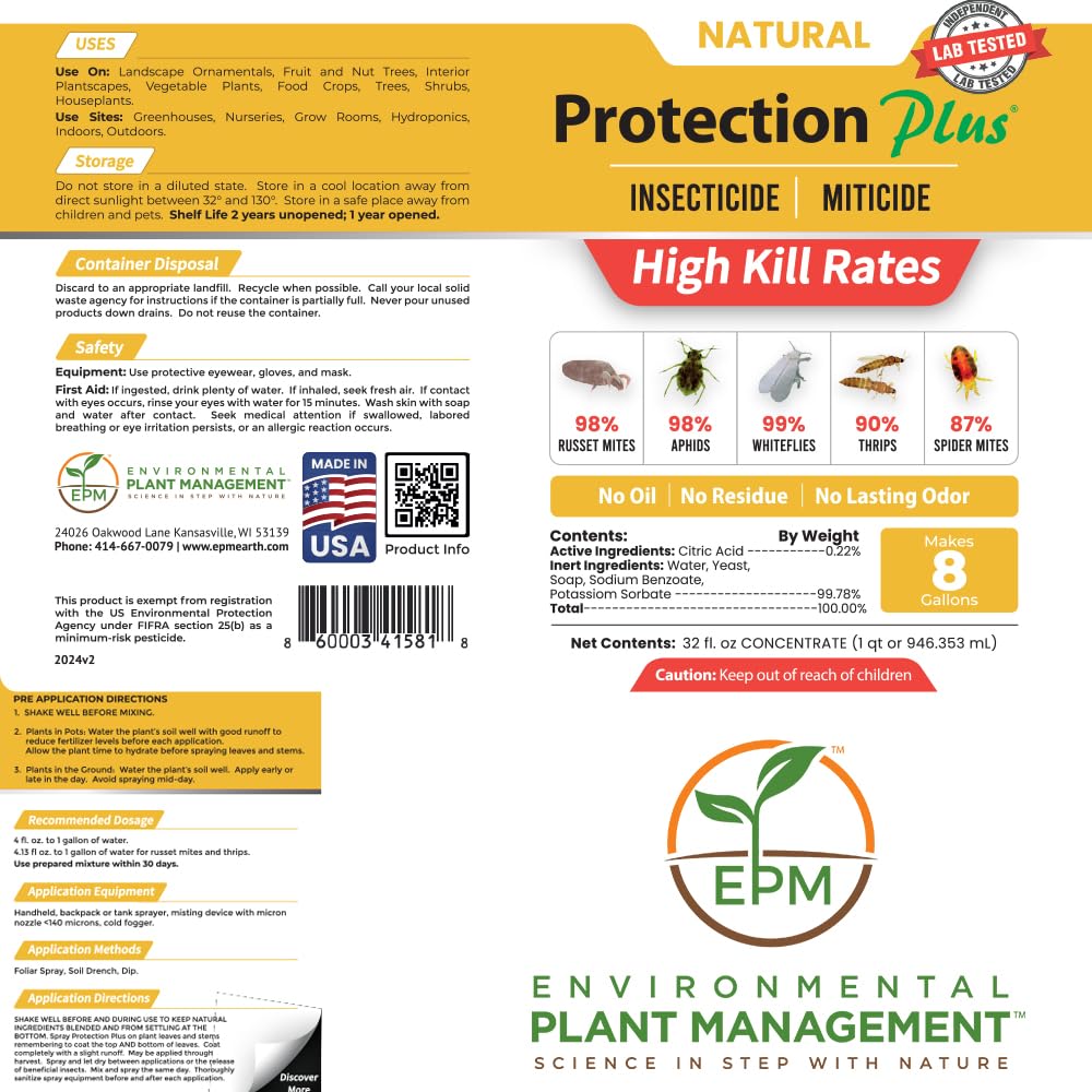 Environmental Plant Management Protection Plus Concentrate | Oil-Free Contact Insecticide for Plants | Kills Aphids, Whiteflies, Spider Mites & Other Soft-Bodied Pests | Natural | Indoor & Outdoor Use