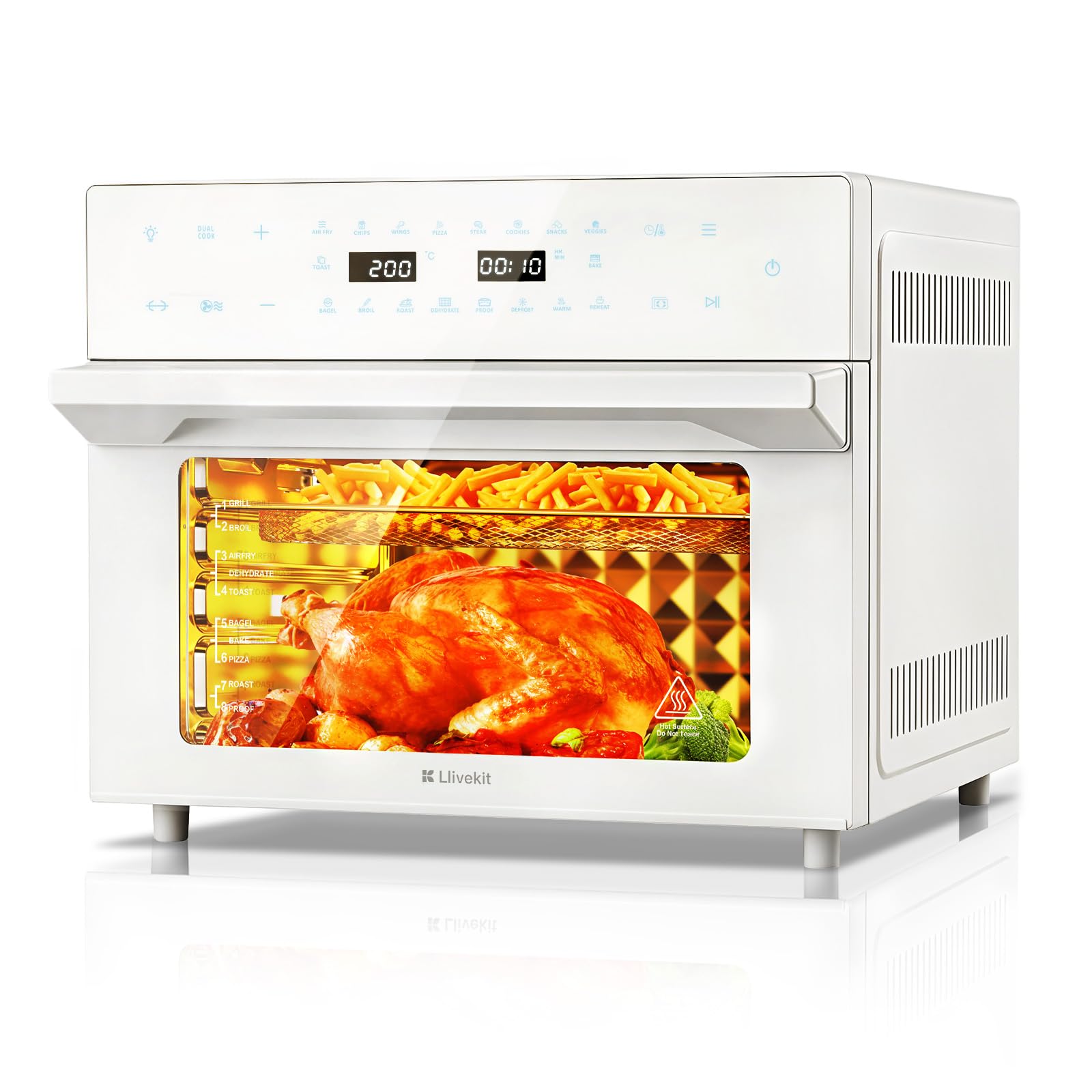 LLIVEKIT XXL Frytkownica powietrzna, piekarnik 30 l z obrotowym rożnem, frytkownica bezolejowa z 20 programami i 9 akcesoriami, wyświetlacz dotykowy LED Air Fryer, konwekcja z przepisami, 1800W, 80°C