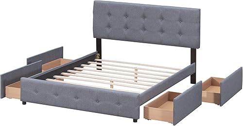 Miniatura 31 de Elegante cama tapizada de tela de lino tamaño Queen con 4 cajones, base de cama tapizada de madera con cabecera clásica, no necesita somier (beige)
