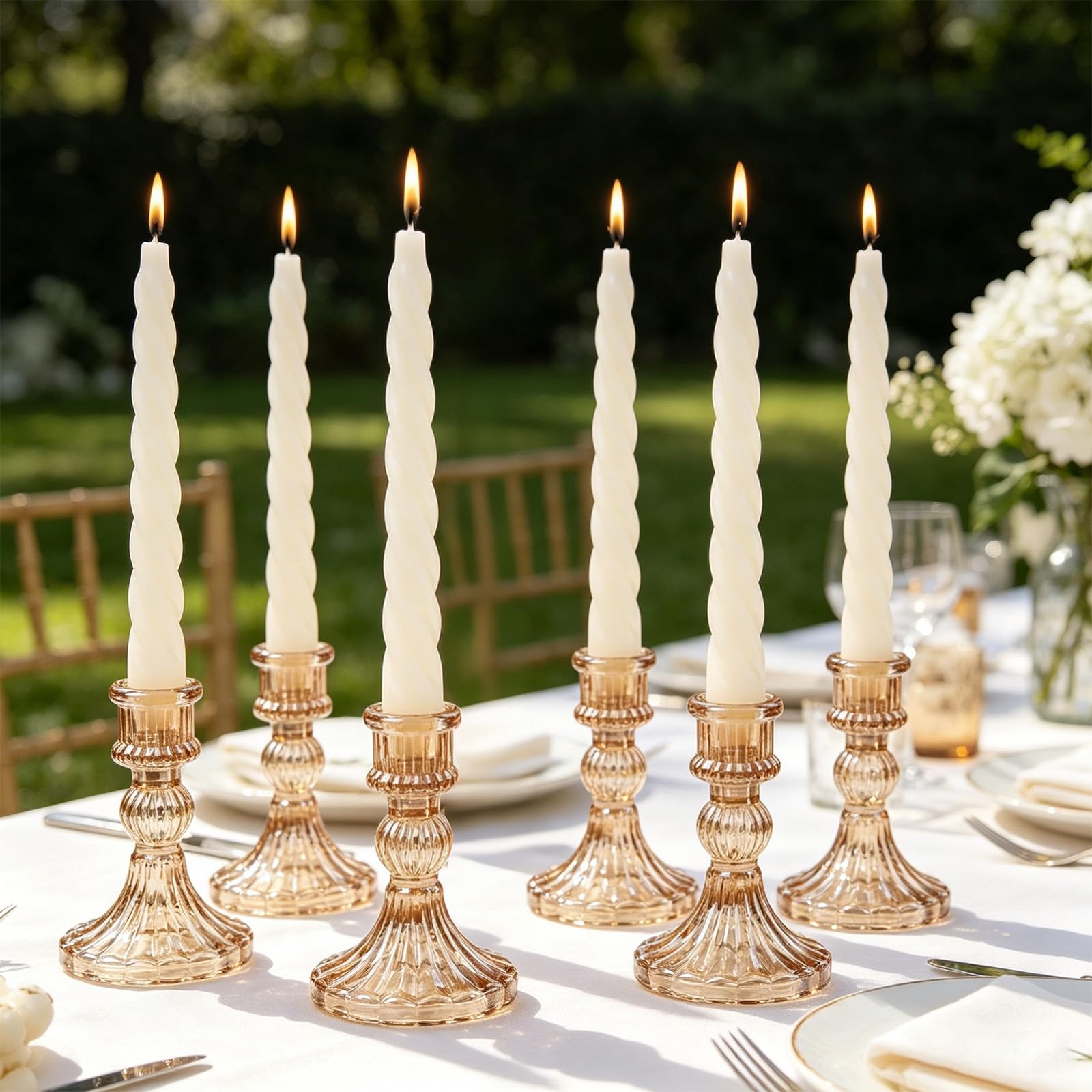 6 Pack Glass Candle Holders, Gold Candle Stick Holders for Candlesticks, 4" H Stripe Crystal Candle Holders Decorative Candle Stand Centerpiece for Wedding, Festival, Dinning Party Table Decor