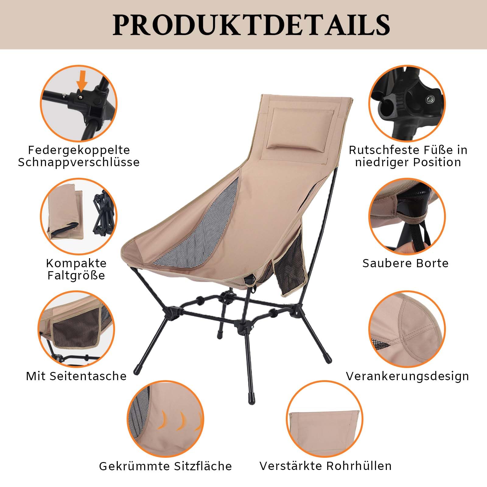 OlyPegic Sedia da campeggio con poggiapiedi quadrati, pieghevole, portata 120 kg, portatile, con tasca laterale, 2 livelli di altezza per campeggio, escursioni, picnic, pesca
