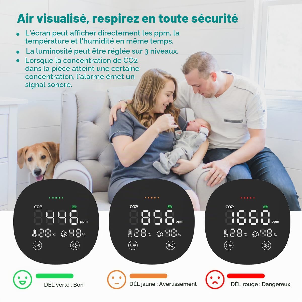 Moniteur de qualité de l'air intérieur,détecteur de CO2,testeur de température+humidité avec capteur NDIR,testeur numérique Portable pour la Maison et Les Voitures de dioxyde de Carbone