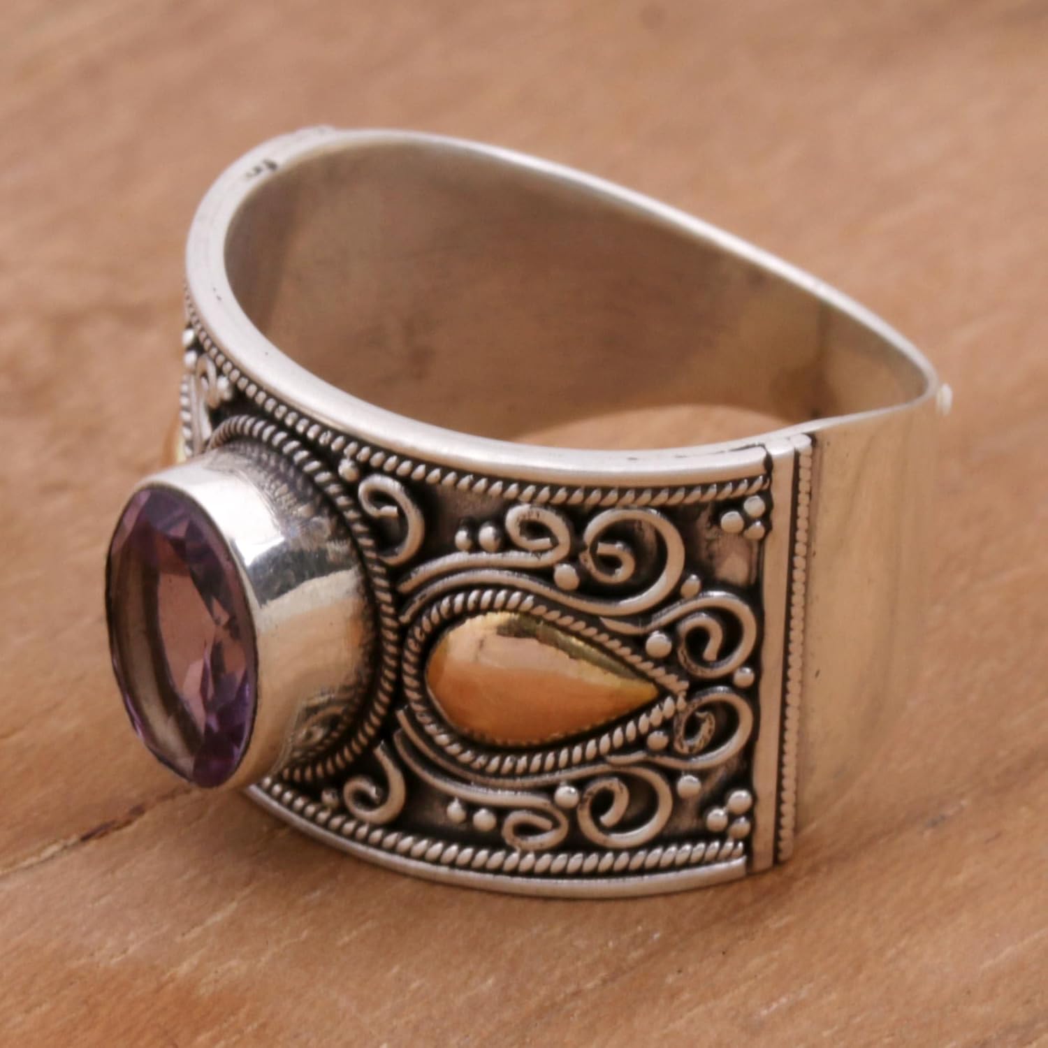 NOVICA Artisan Handmade 18k Gold Accent Amethyst Cocktail Ring .925 Sterling Silver from Bali Purple Indonesia Birthstone 'Cantik Sparkle'