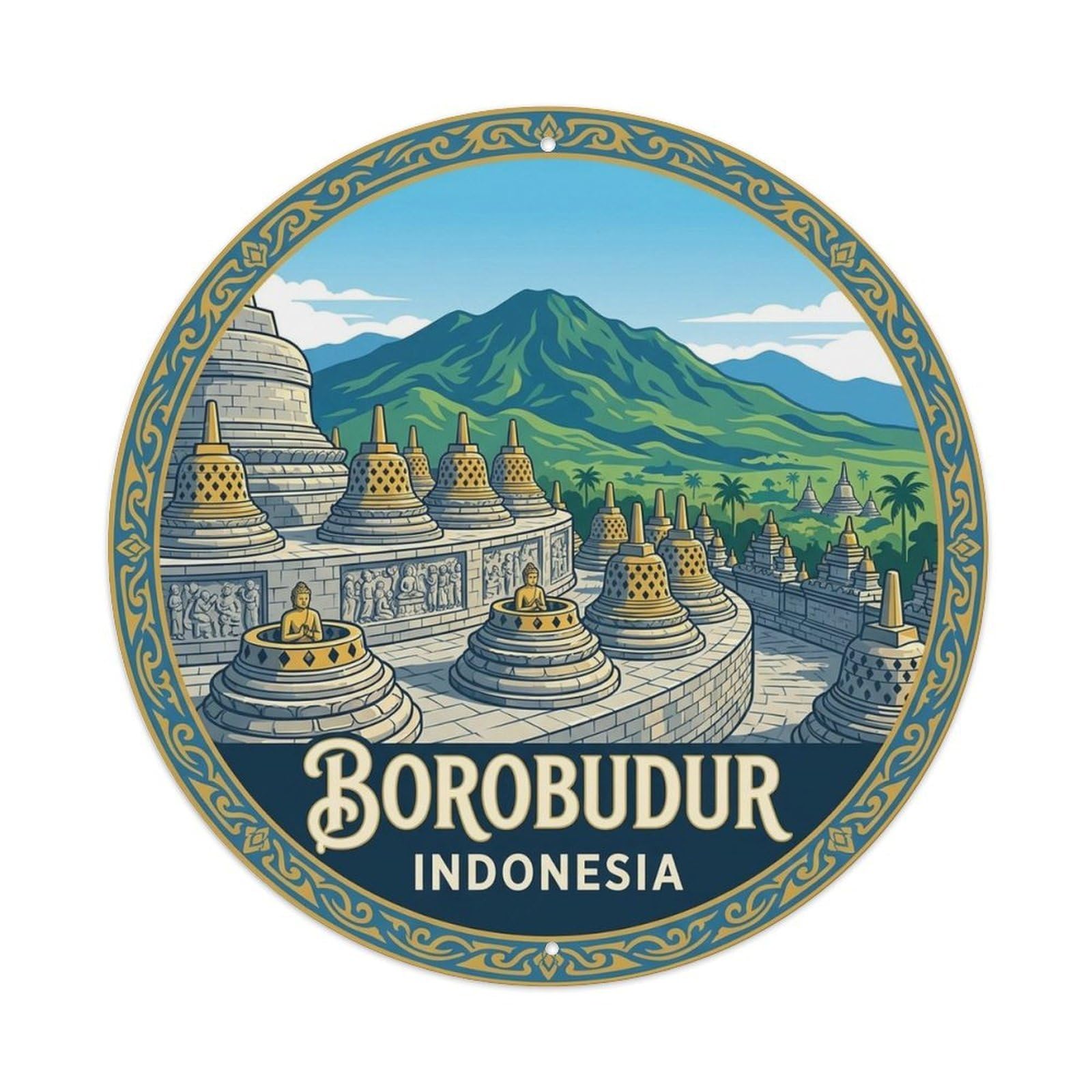 Borobudur Indonesia Vintage City Travel Landmark Metal Tin Sign