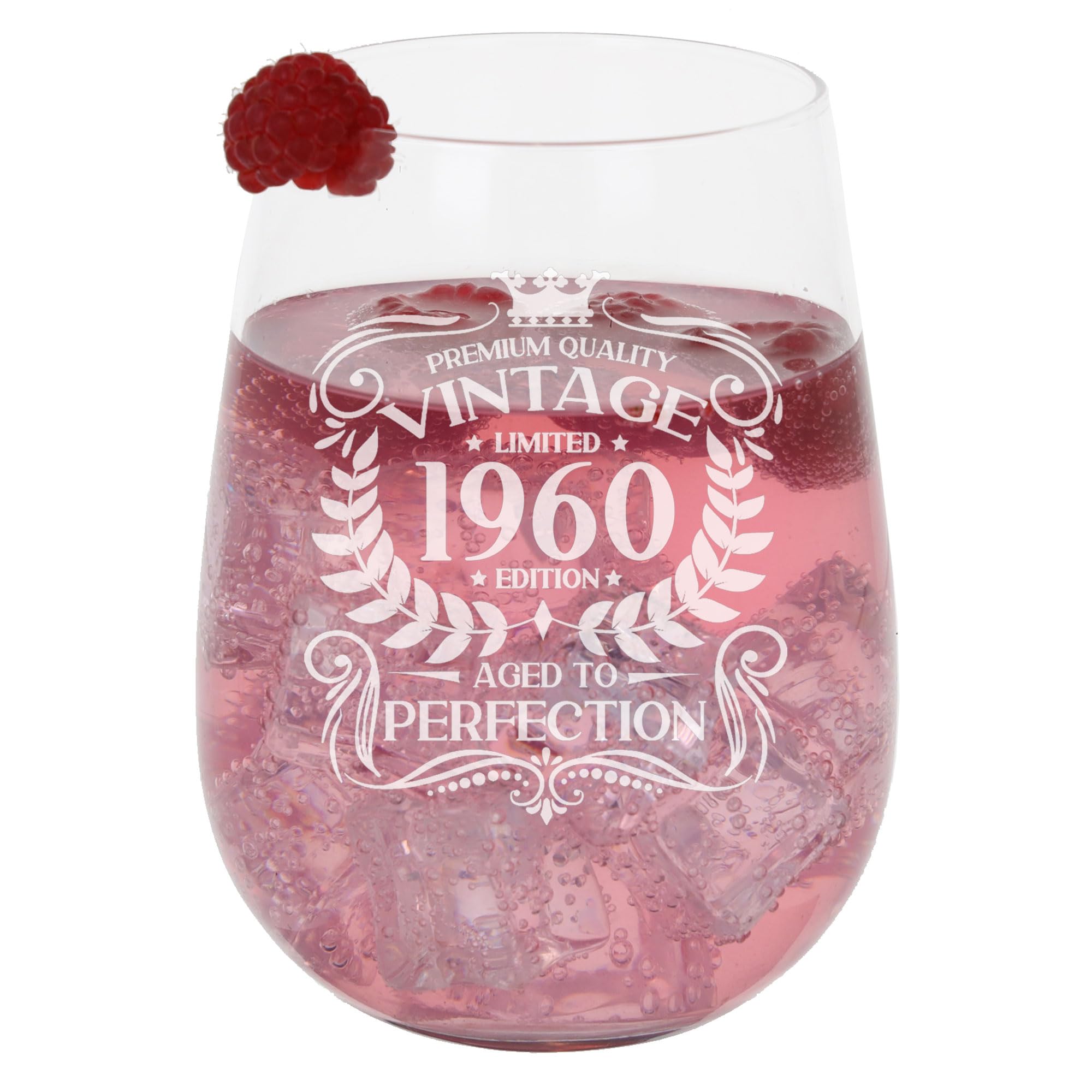 Großes Gin-Glas mit Gravur "Aged to Perfection" im Vintage-Stil von 1960, Geschenk zum 65. Geburtstag, geätzt, 590 ml, ohne Stiel
